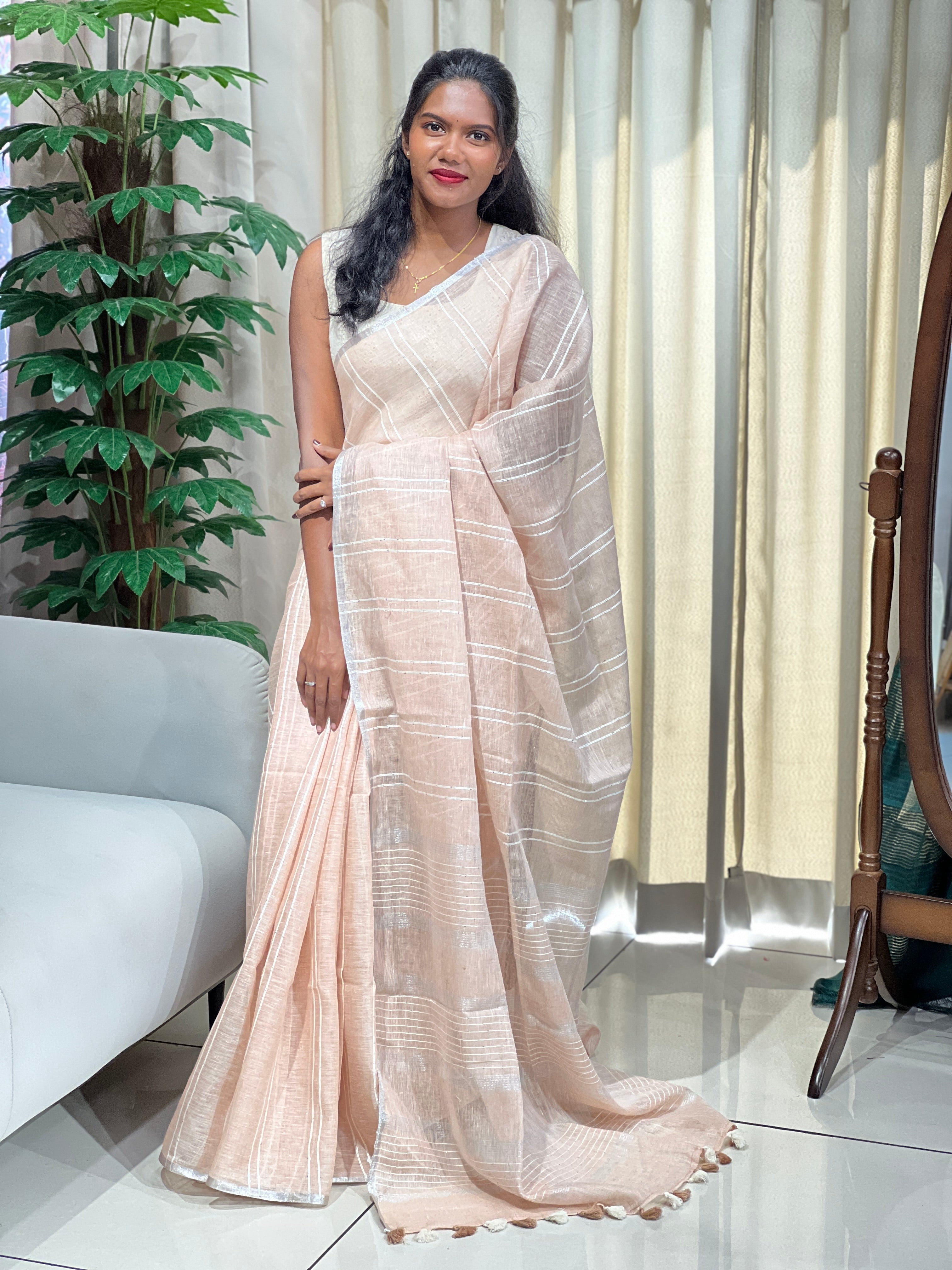 Thread Stripes Detailed Semi Linen Saree | EVA115