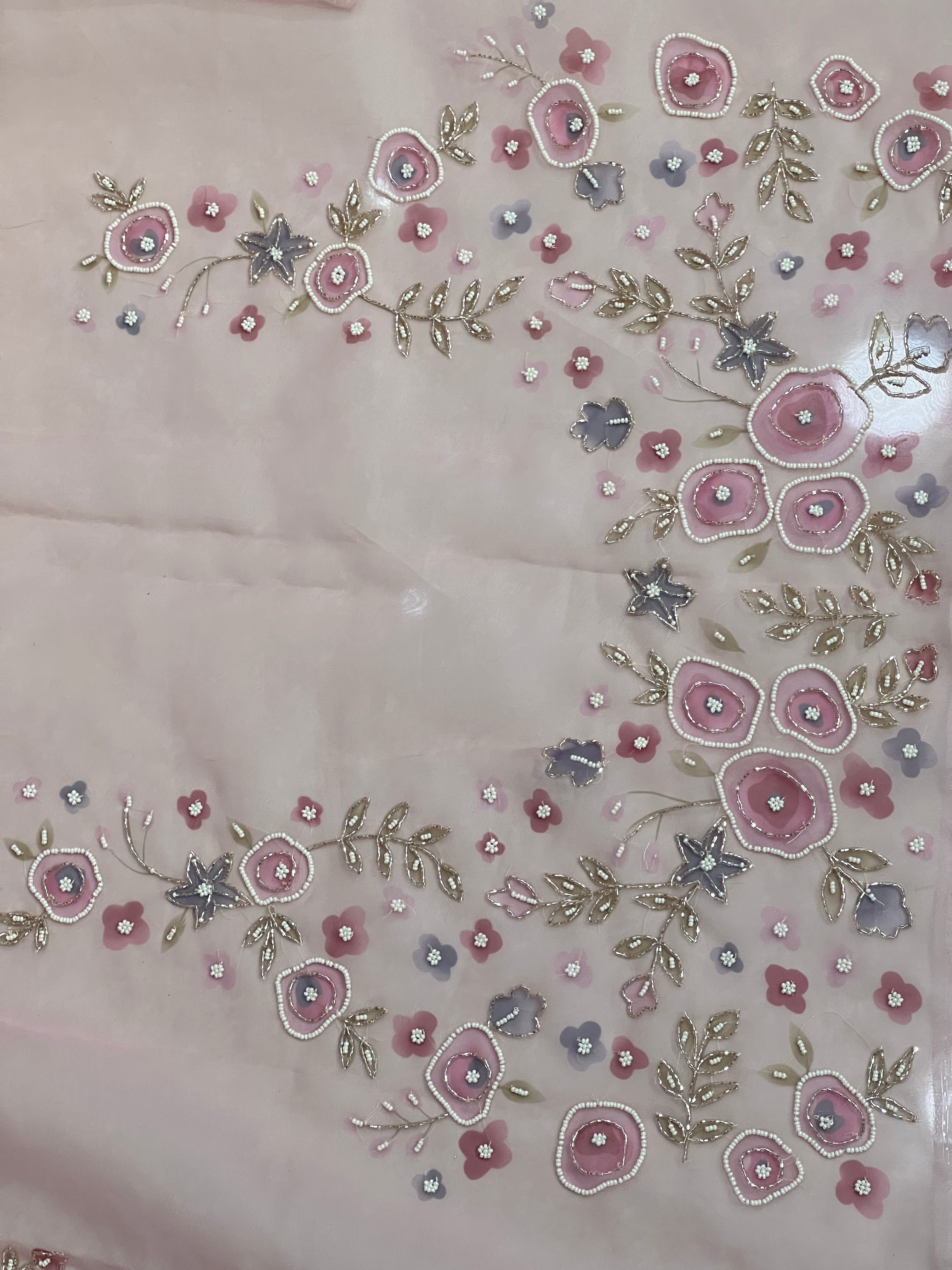 Floral Print With Hand Embroidery Detailed Organza Saree | BLD1824