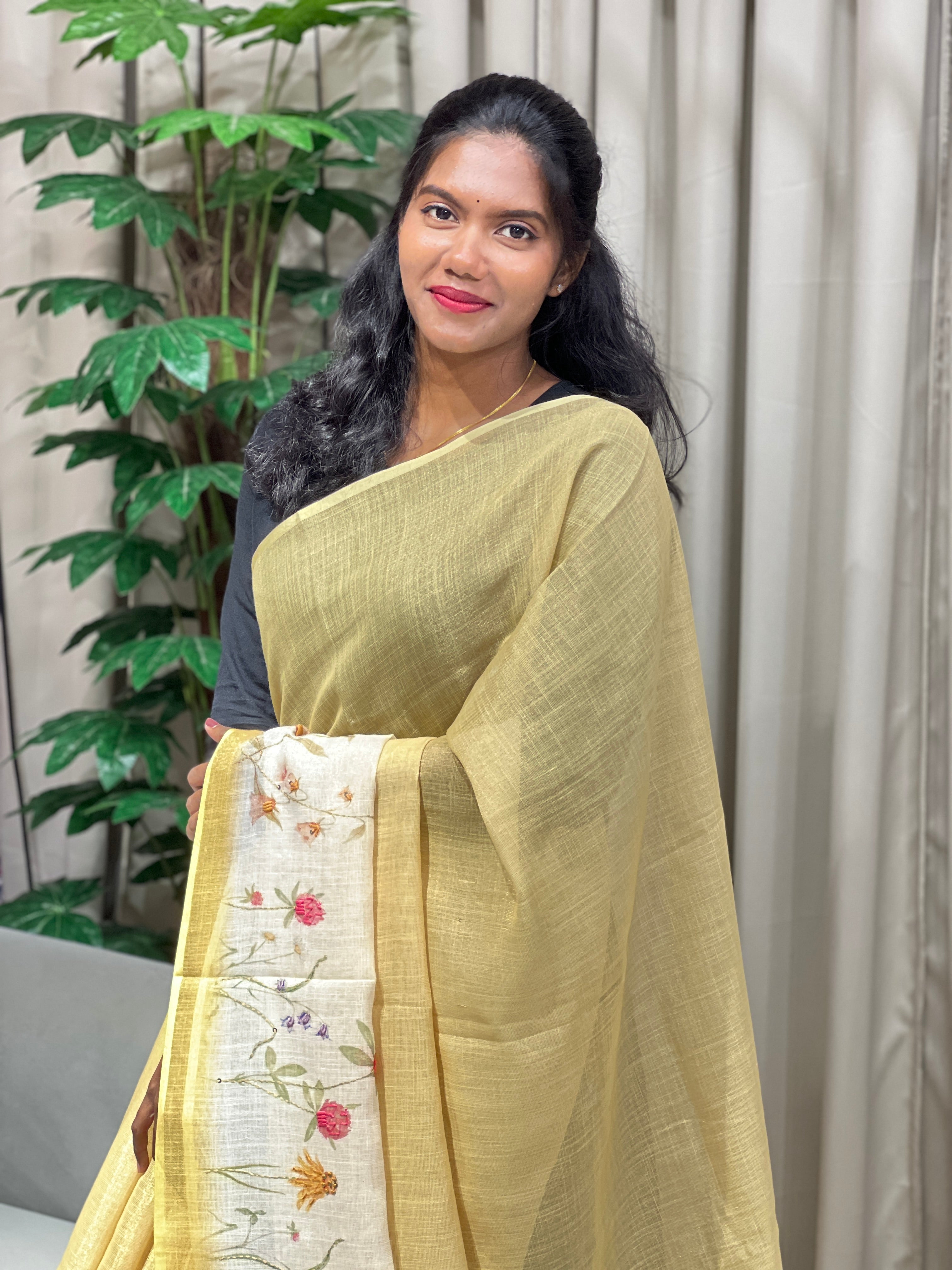 Floral Printed Tissue Linen Saree | BLD1749