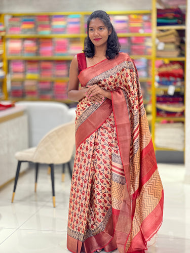 Block Printed Tussur Saree | MNH457