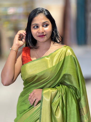 Golden Zari Detailed Bhagalpuri Linen Saree | NHH477
