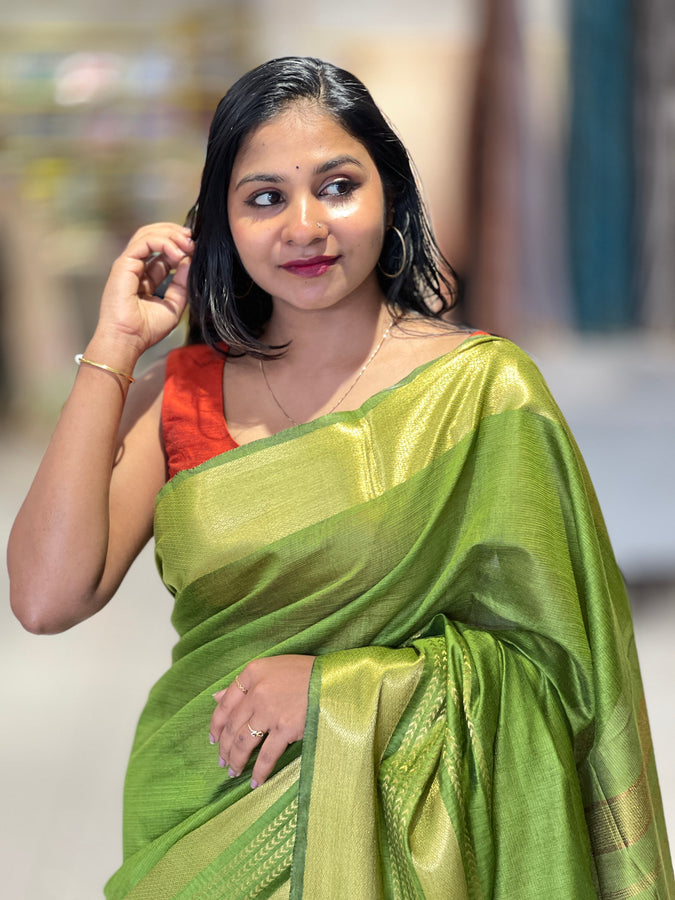 Golden Zari Detailed Bhagalpuri Linen Saree | NHH477
