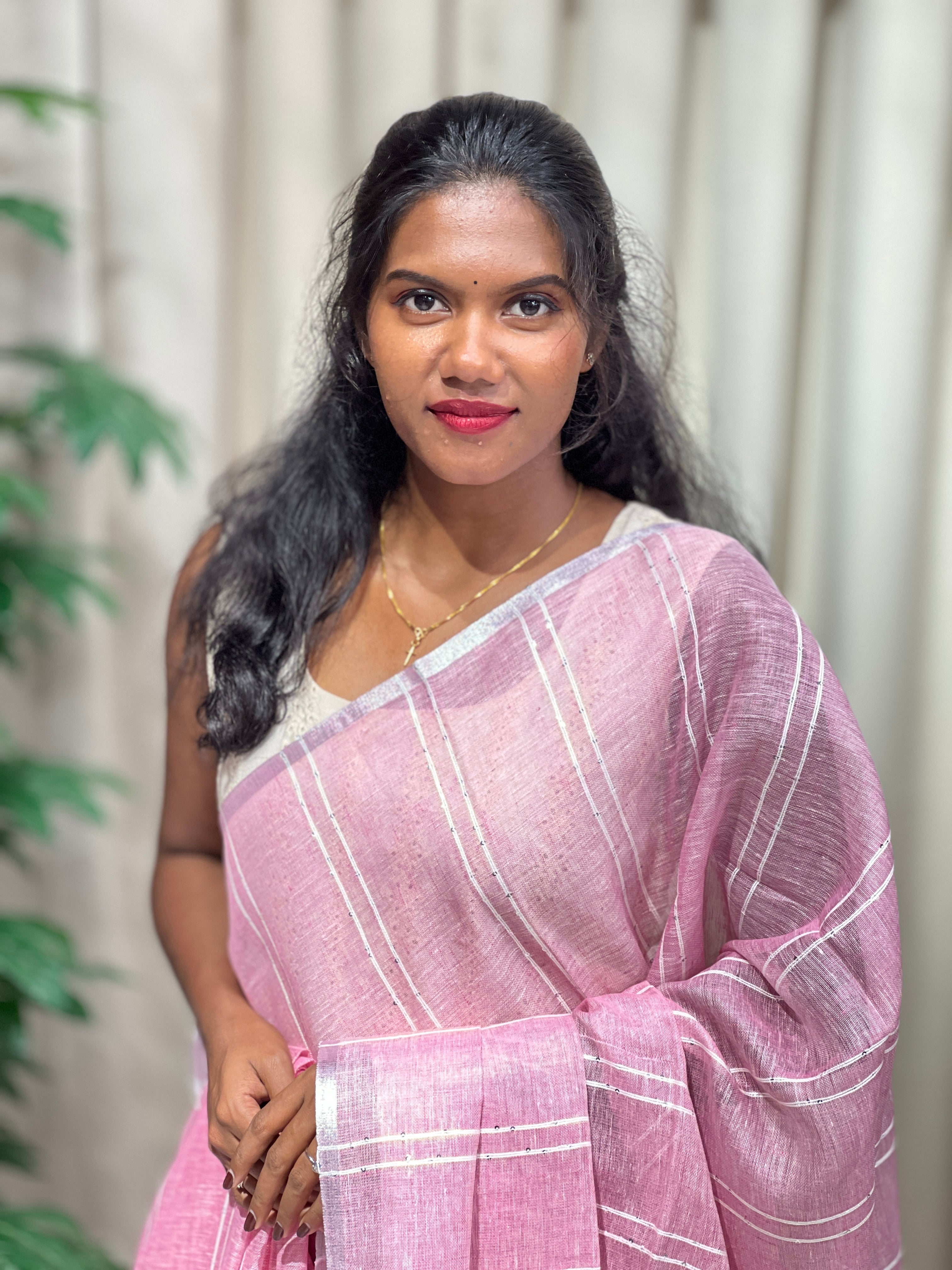 Thread Stripes Detailed Semi Linen Saree | EVA114