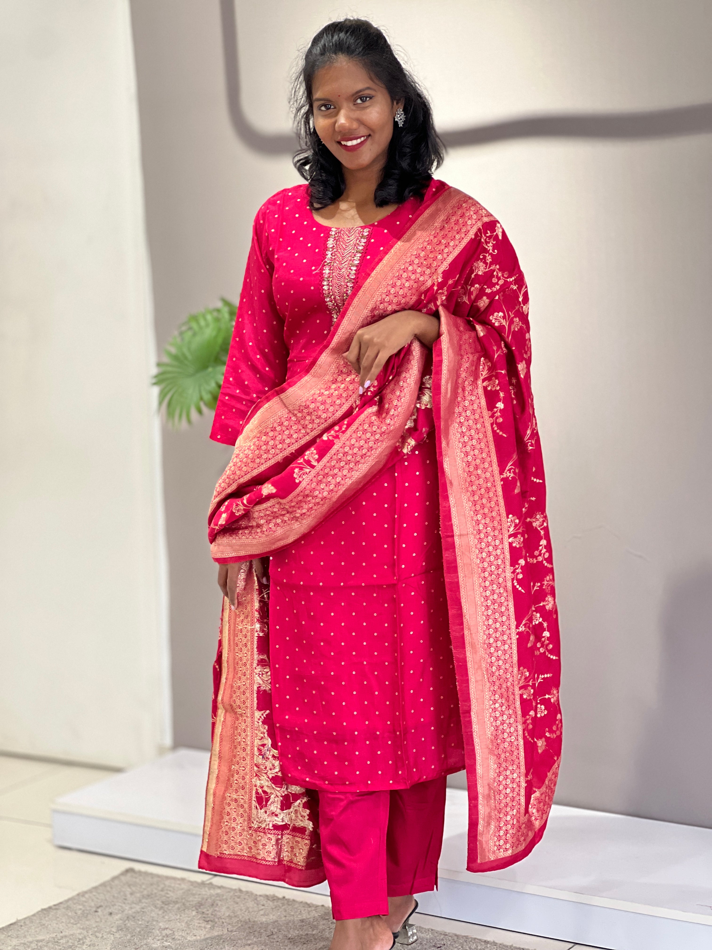 Embroidery Detailed Banarasi Silk Kurta Set | SJL129