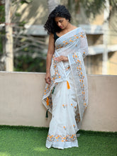 Floral Embroidery & Silver Zari Border Pattern Bhagalpuri Linen Saree | RP385