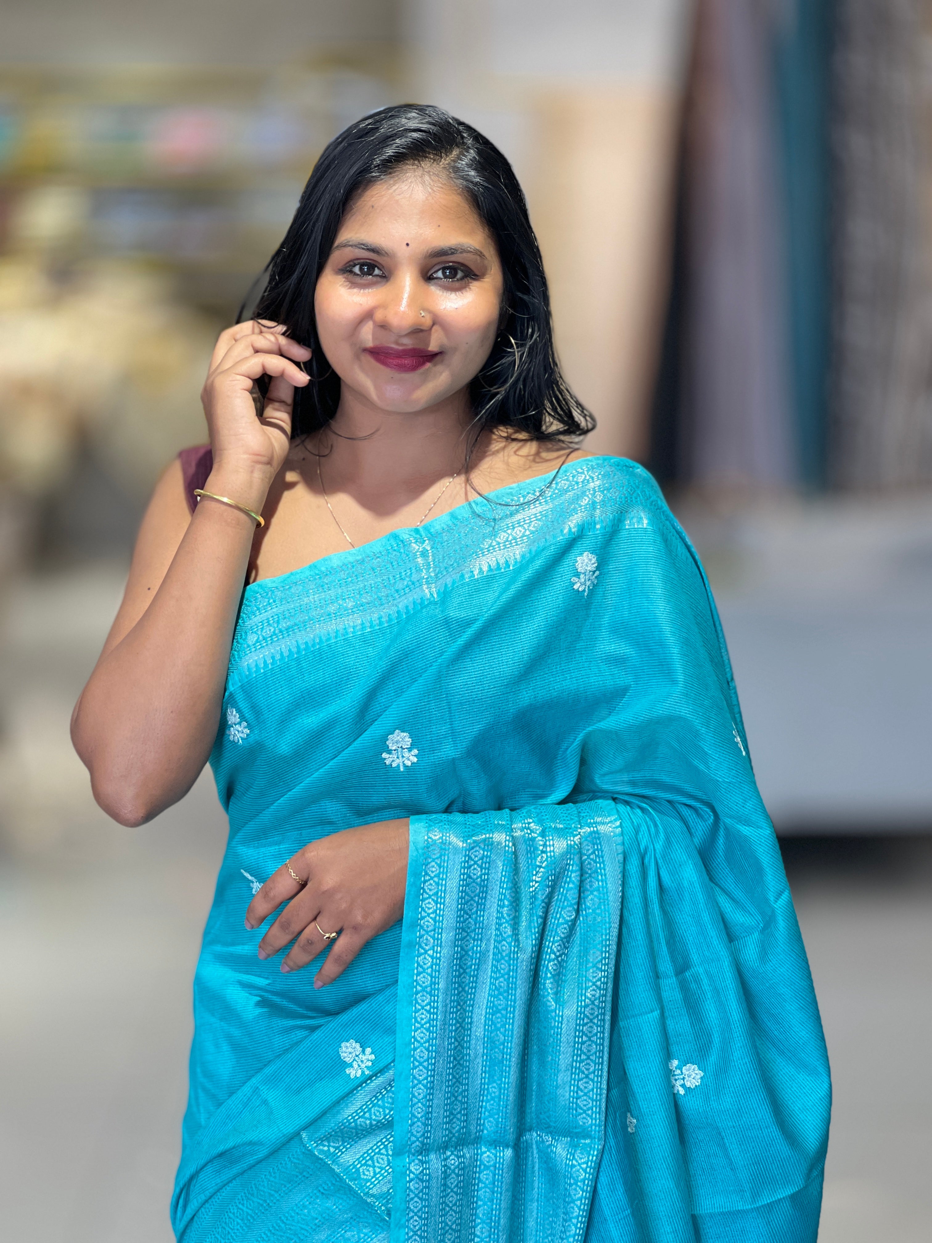 Floral Embroidery Bhagalpuri Linen Saree | NHH452