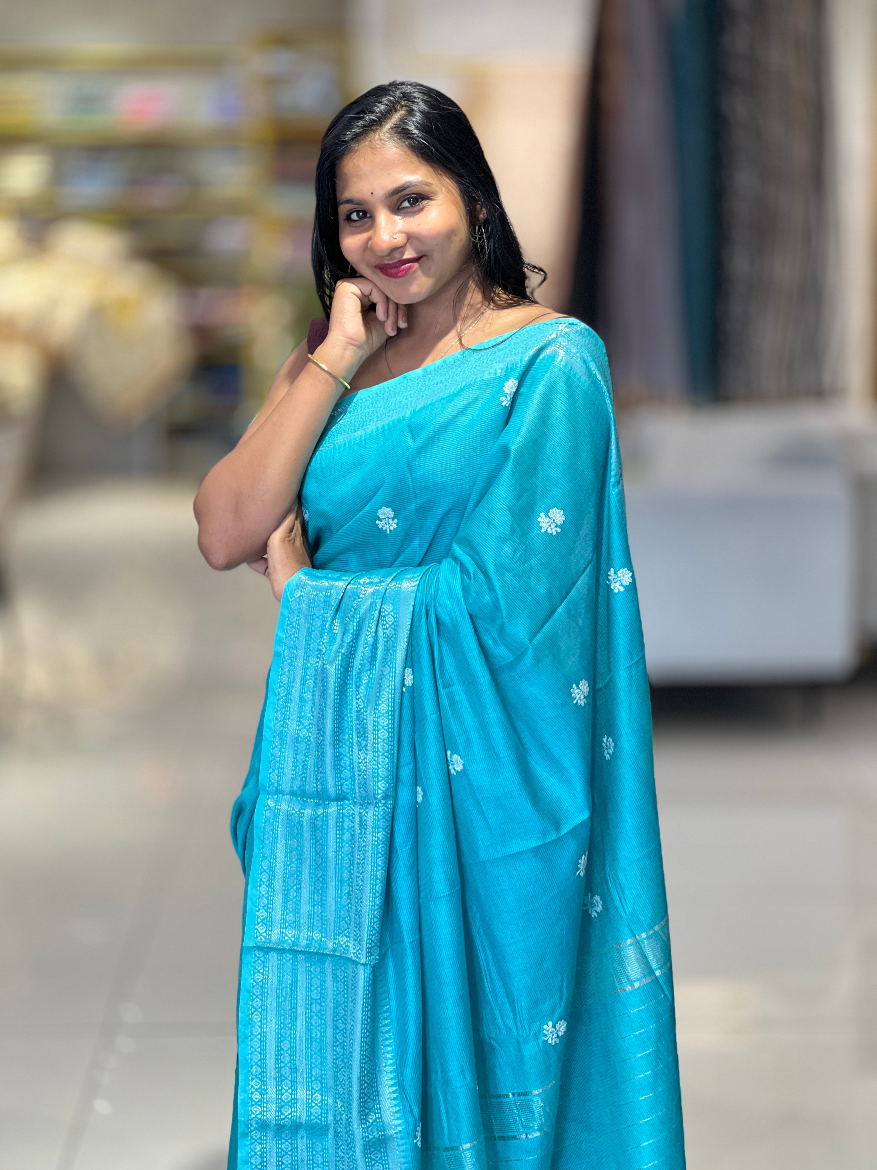 Floral Embroidery Bhagalpuri Linen Saree | NHH452