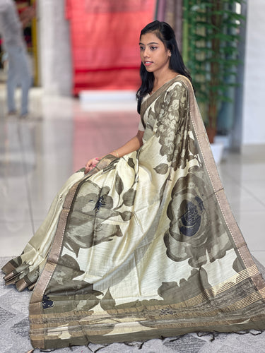 Floral Print With Zari Border Detailed Tussar Saree | NLM181