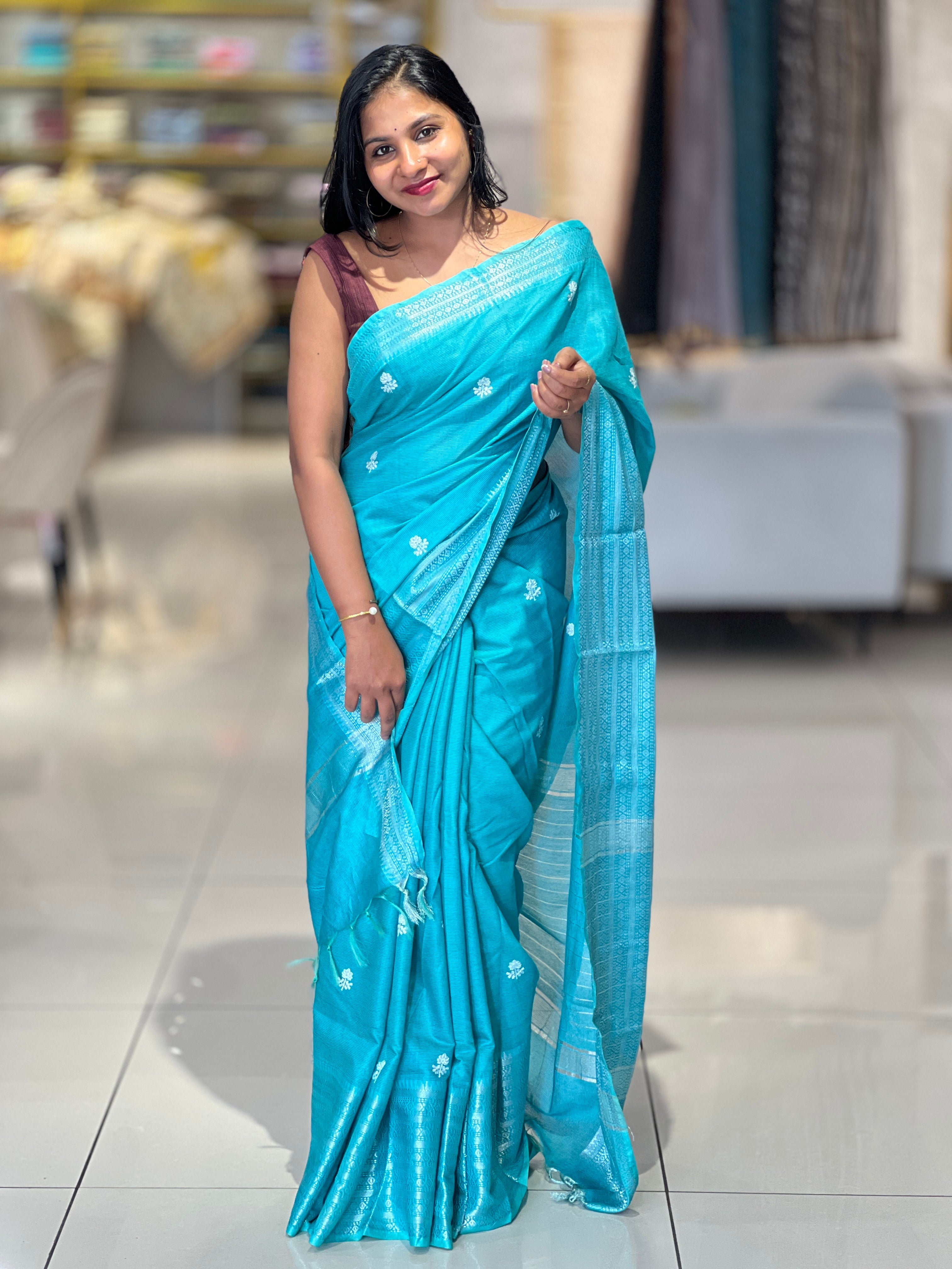 Floral Embroidery Bhagalpuri Linen Saree | NHH452