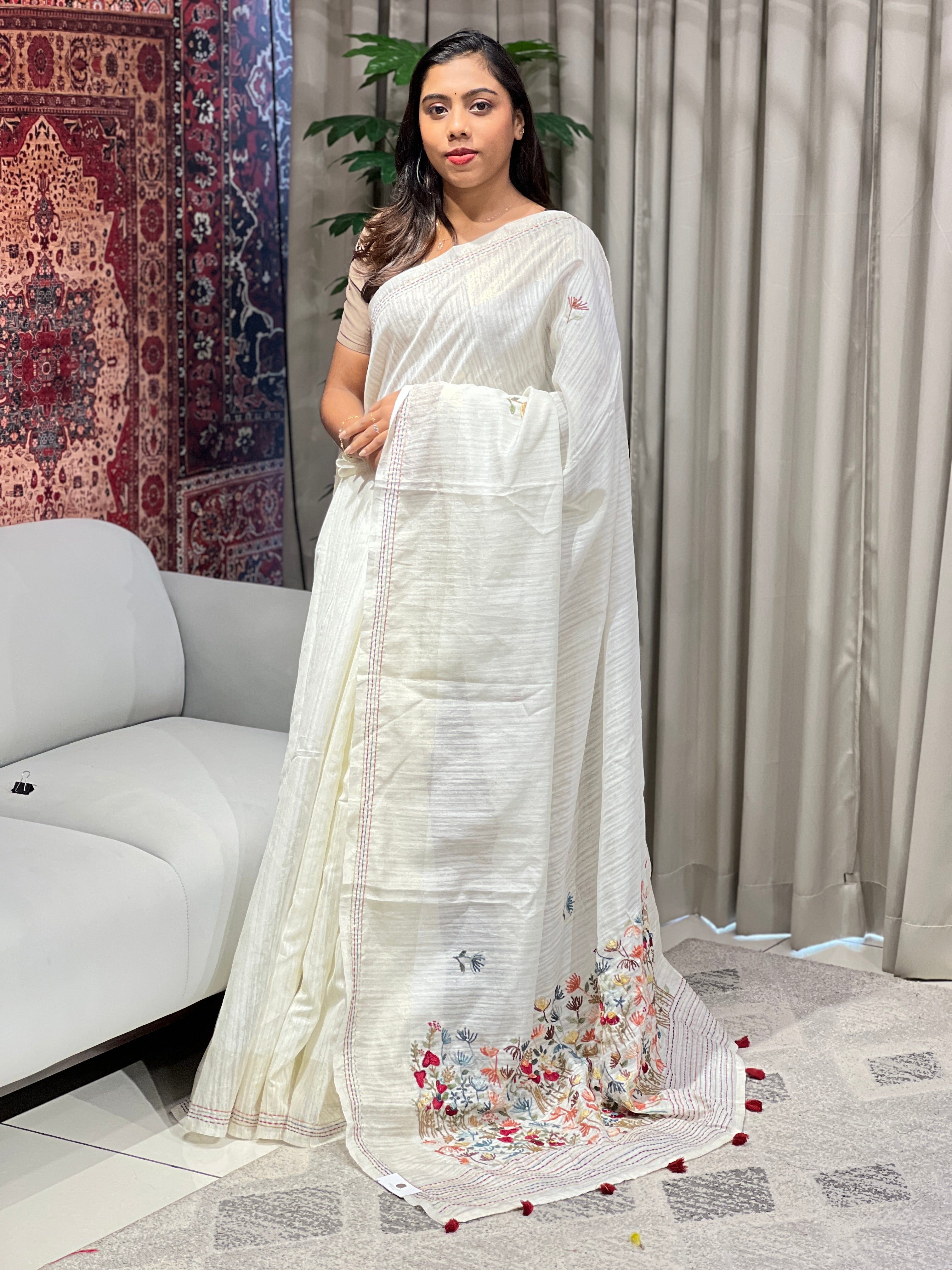 Floral Hand Embroidered Green Silk Saree | BLD1838