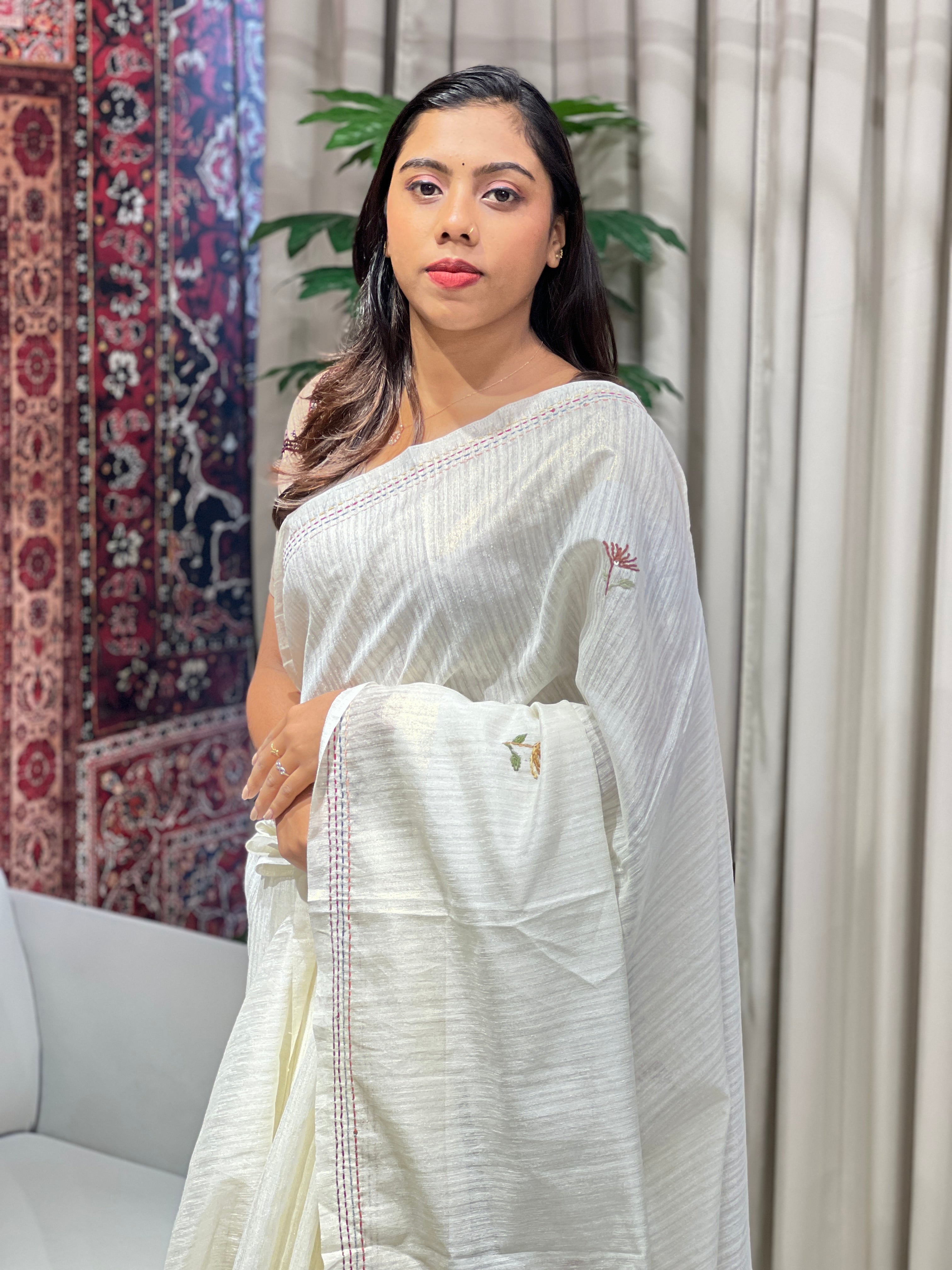 Floral Hand Embroidered Green Silk Saree | BLD1838