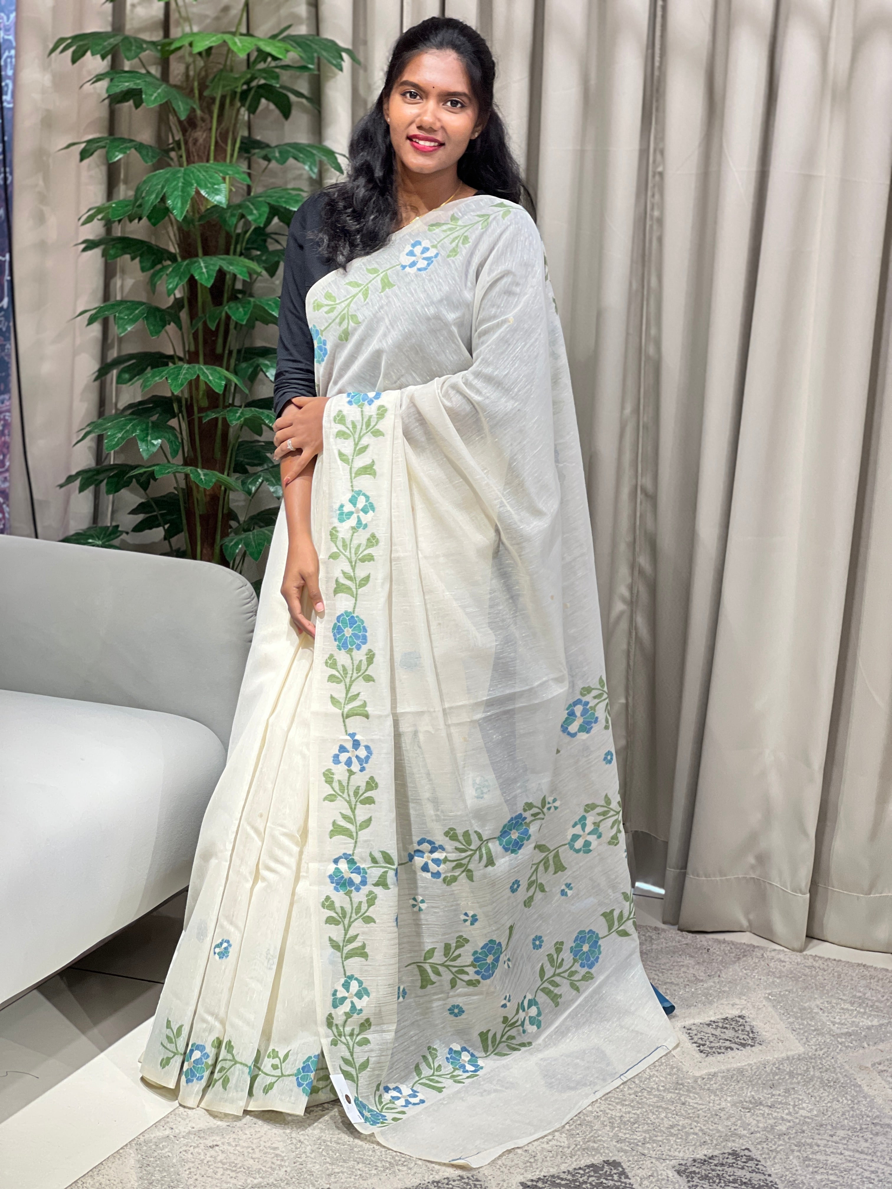 Floral Jamdani Woven Semi Linen Saree | YNG852