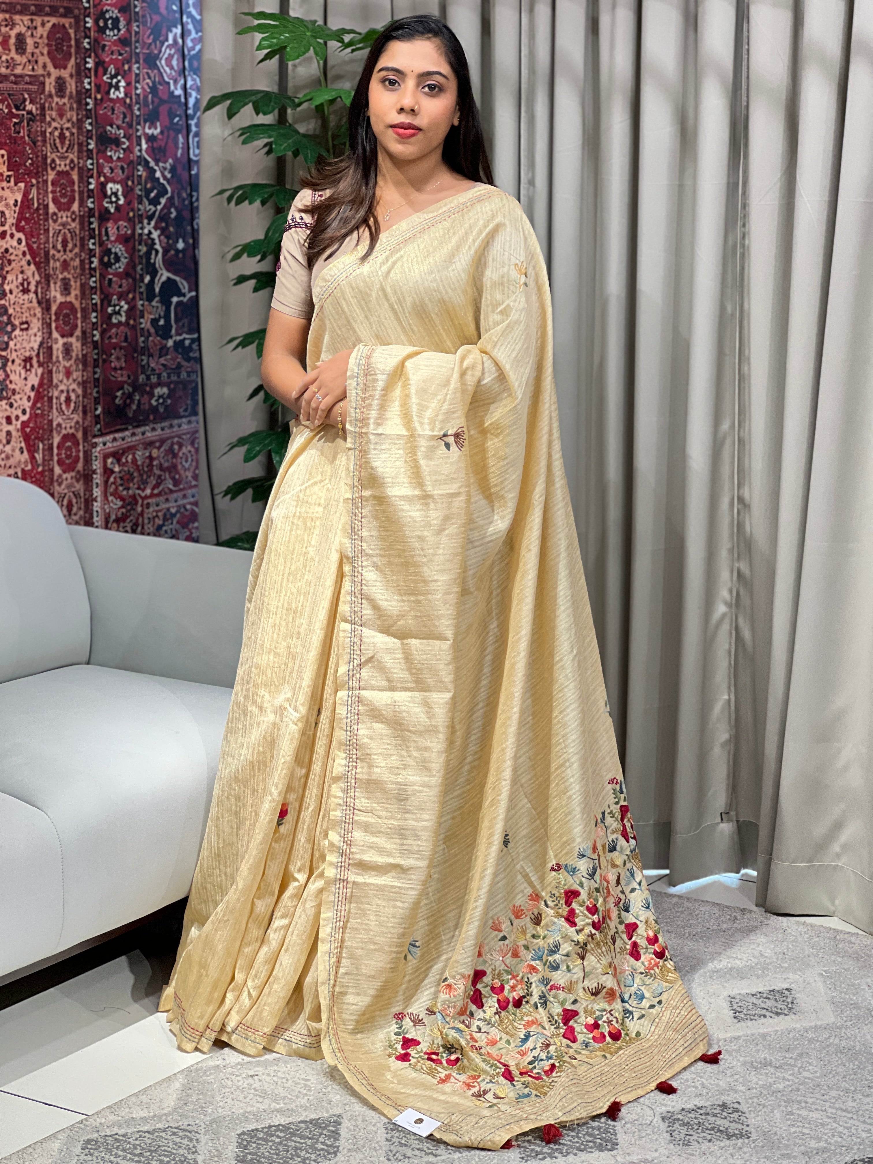 Floral Hand Embroidered Green Silk Saree | BLD1840