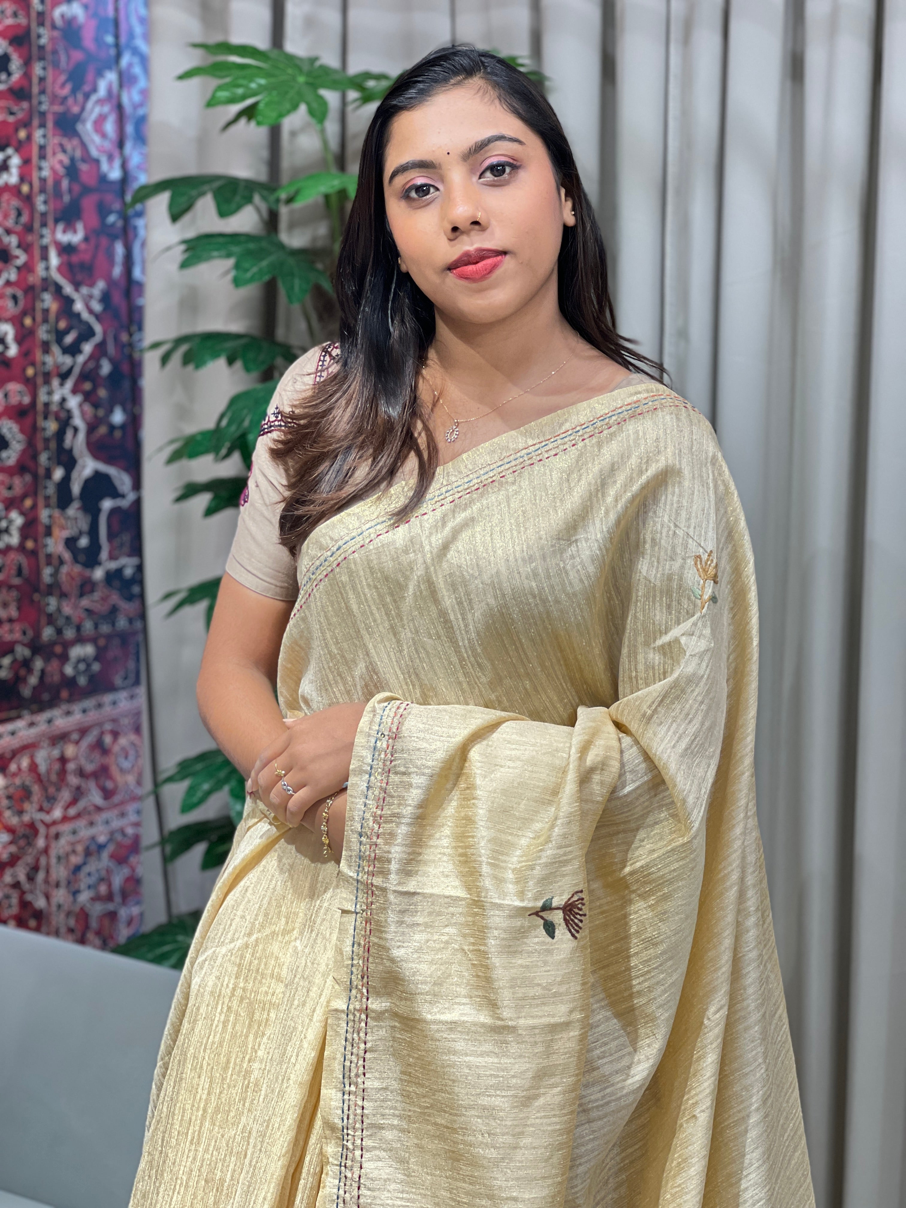 Floral Hand Embroidered Green Silk Saree | BLD1840