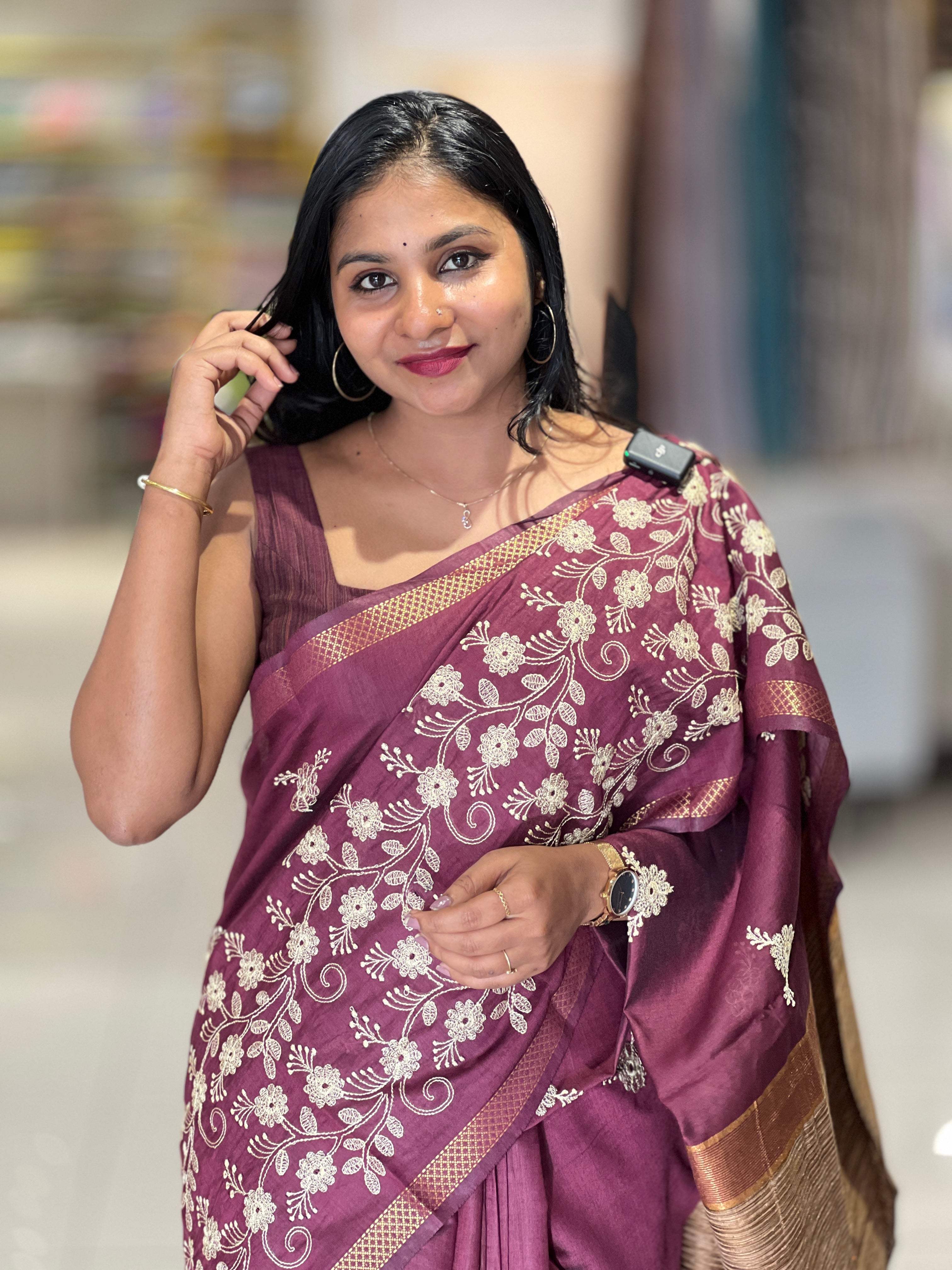 Floral Embroidery Bhagalpuri Linen Saree | NHH458