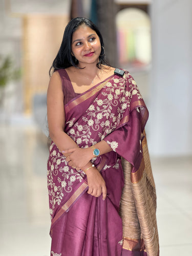 Floral Embroidery Bhagalpuri Linen Saree | NHH458