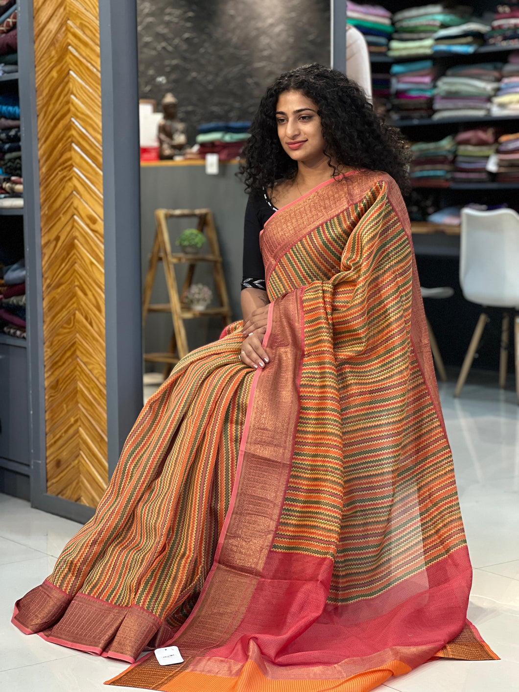 Zig Zag Pattern Printed  Chanderi Saree | RGD171