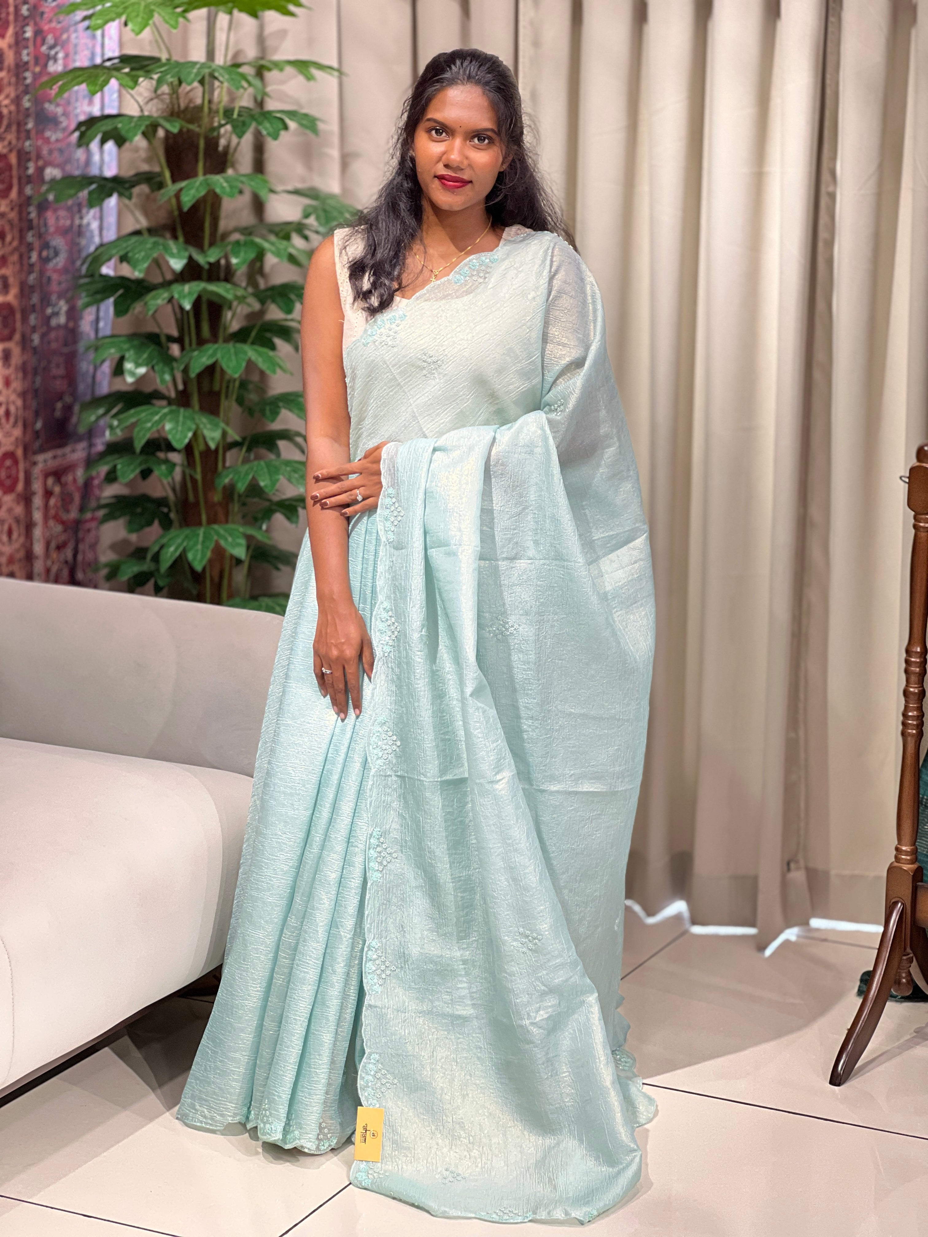 Beads & Sequins Detailed Crushed Shimmer Organza Saree | SGS144