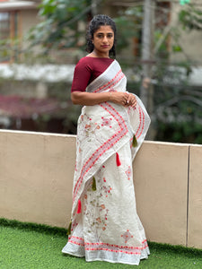 Floral Pattern & Silver Zari Border Pattern Linen Saree | RP402