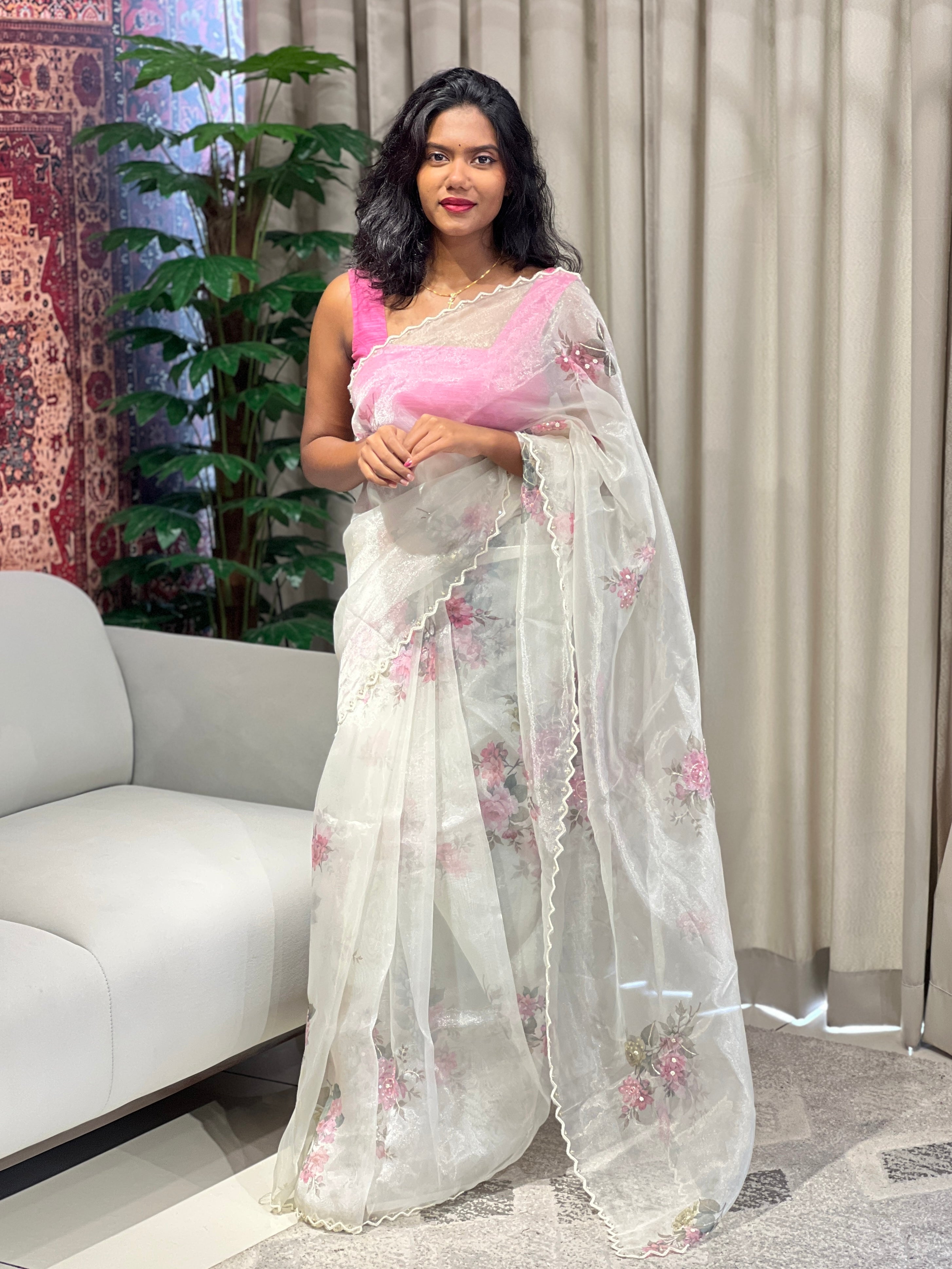 Floral Digital Print With Beads Highlighted Glass Organza Saree | BLD1772