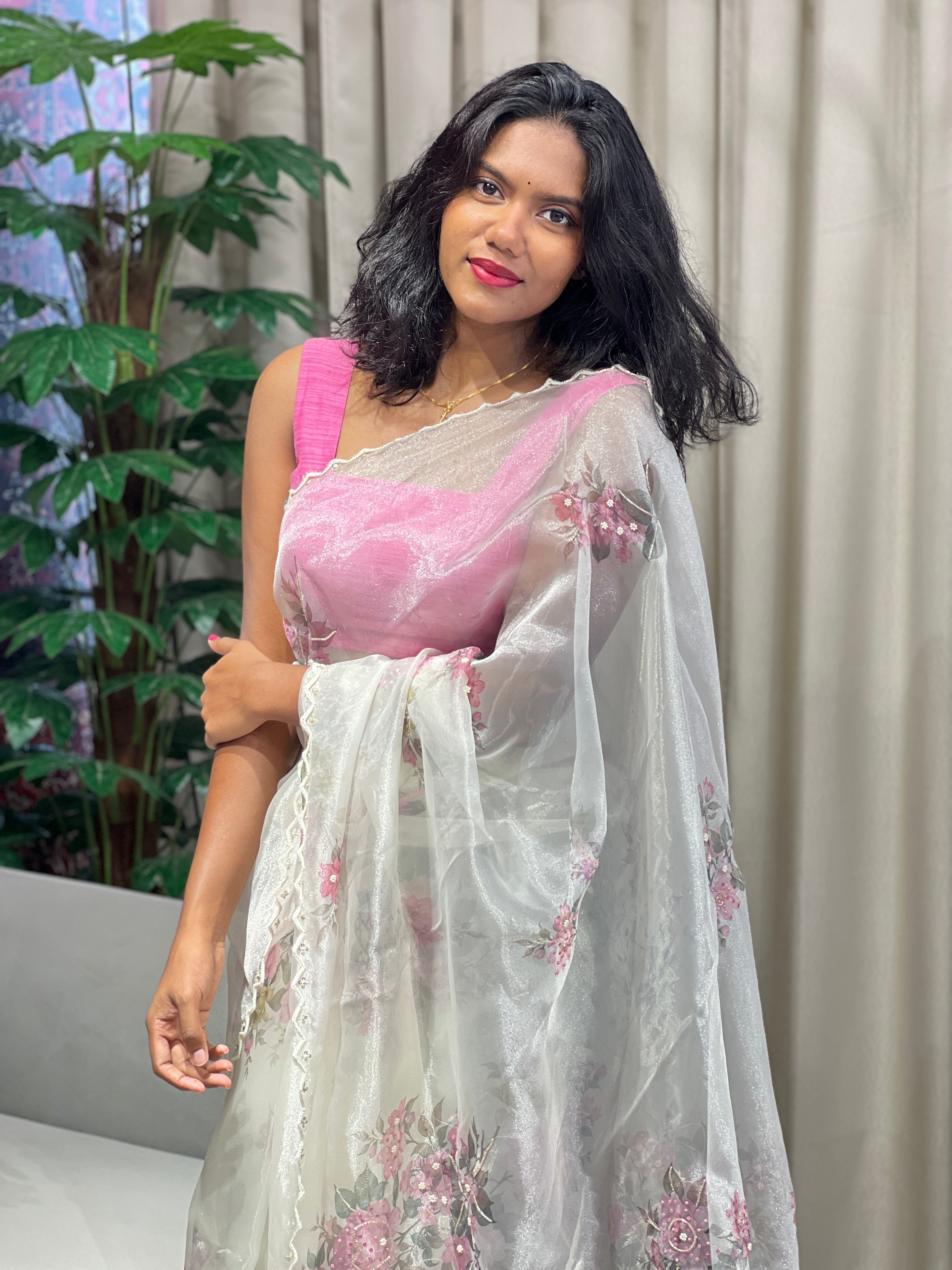 Floral Digital Print With Beads Highlighted Glass Organza Saree | BLD1772