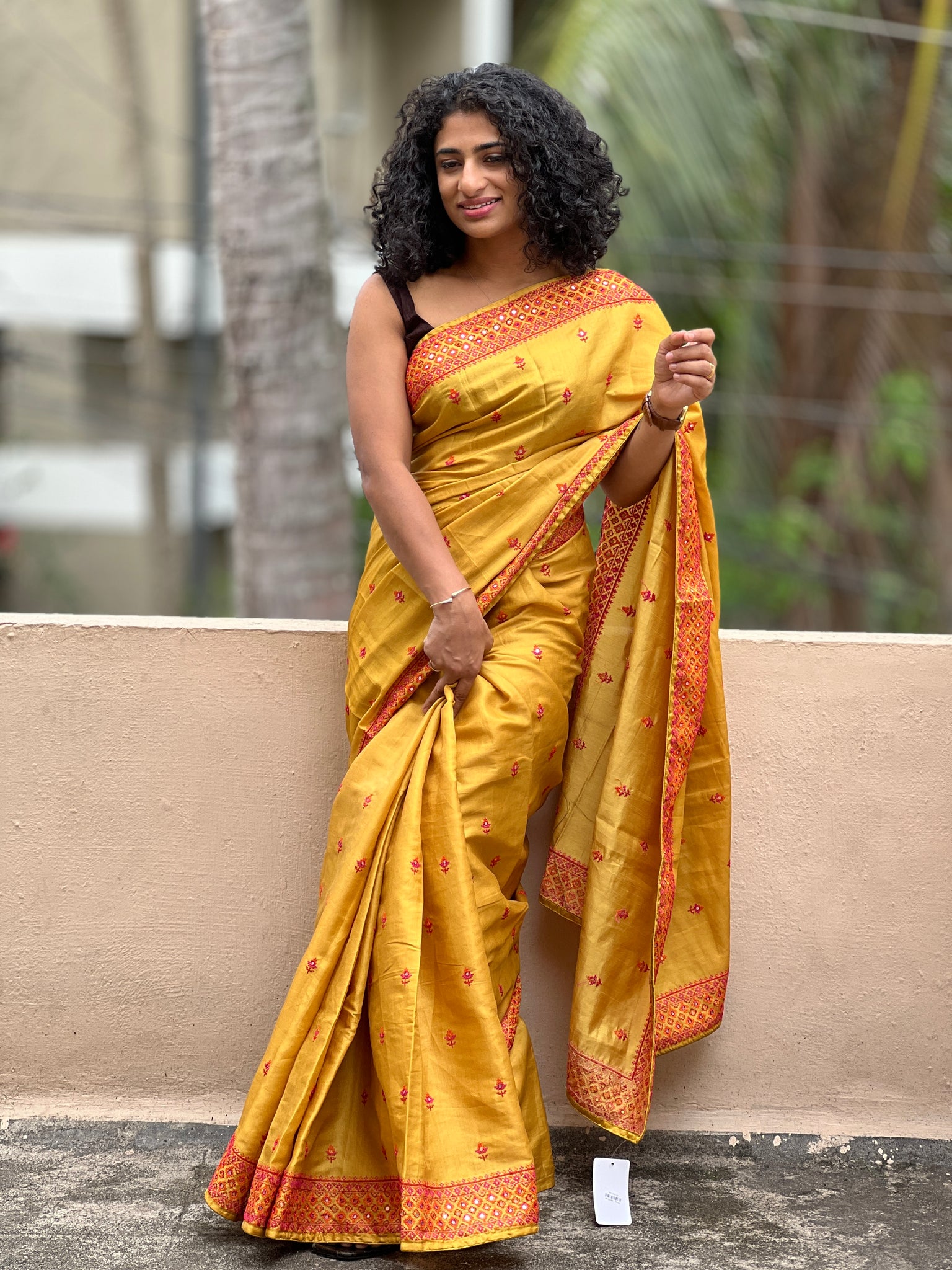 Brown Hand Embroidered Mirror Work Cotton Narayanpet Saree With Border -  GhabaKala