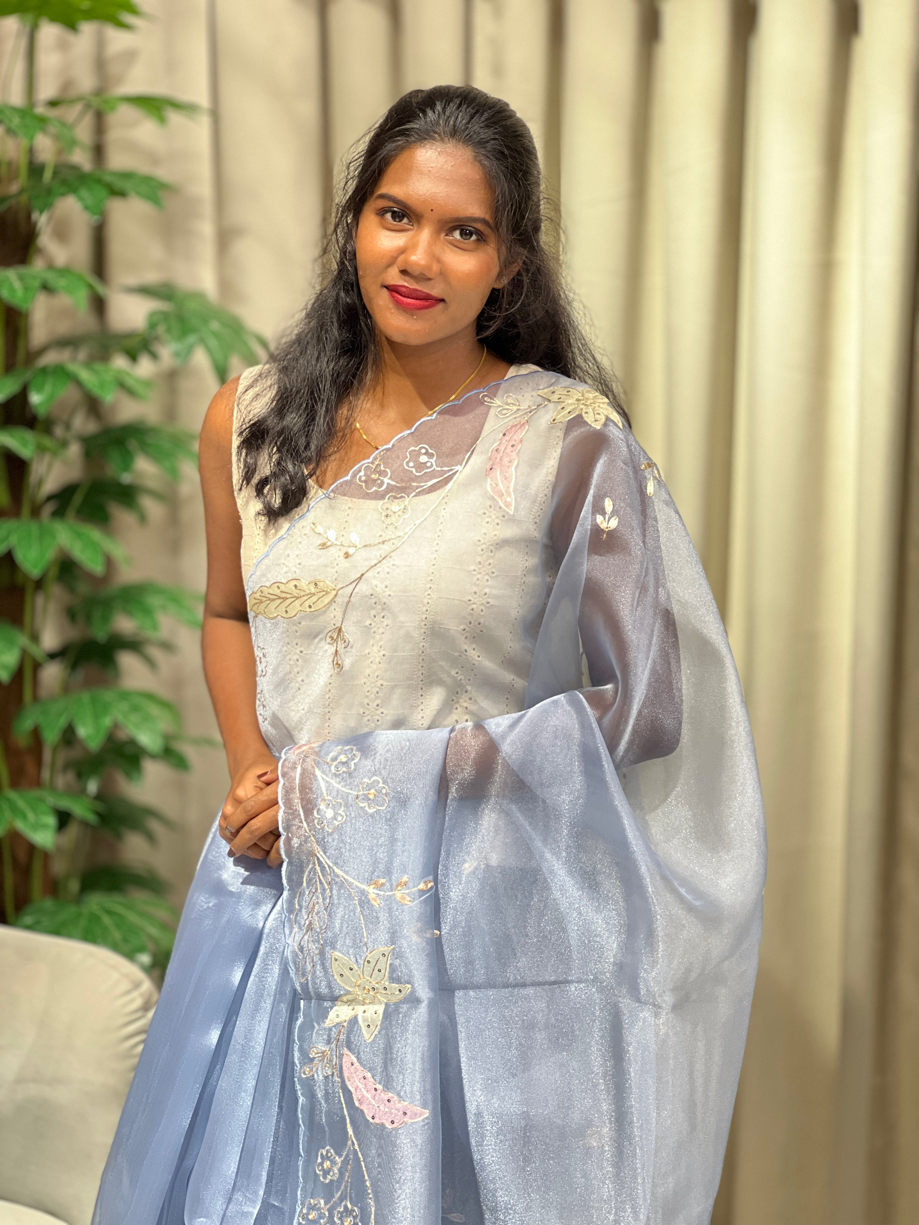 Applique & Pitta Work Detailed Glass Organza Saree | SGS143