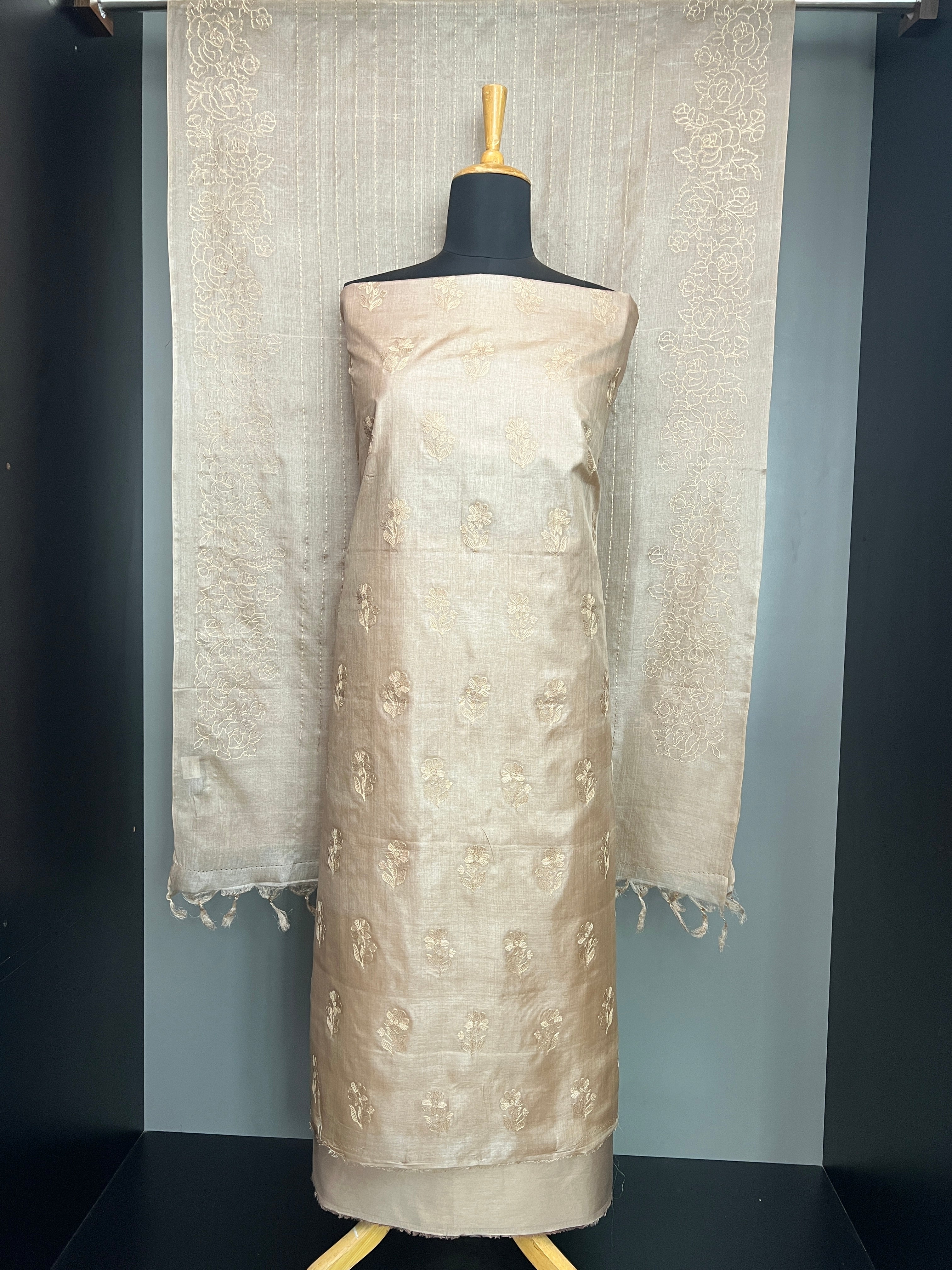 Floral Computerised Machine Embroidery Detailed Pure Tussar Saree | YNG955