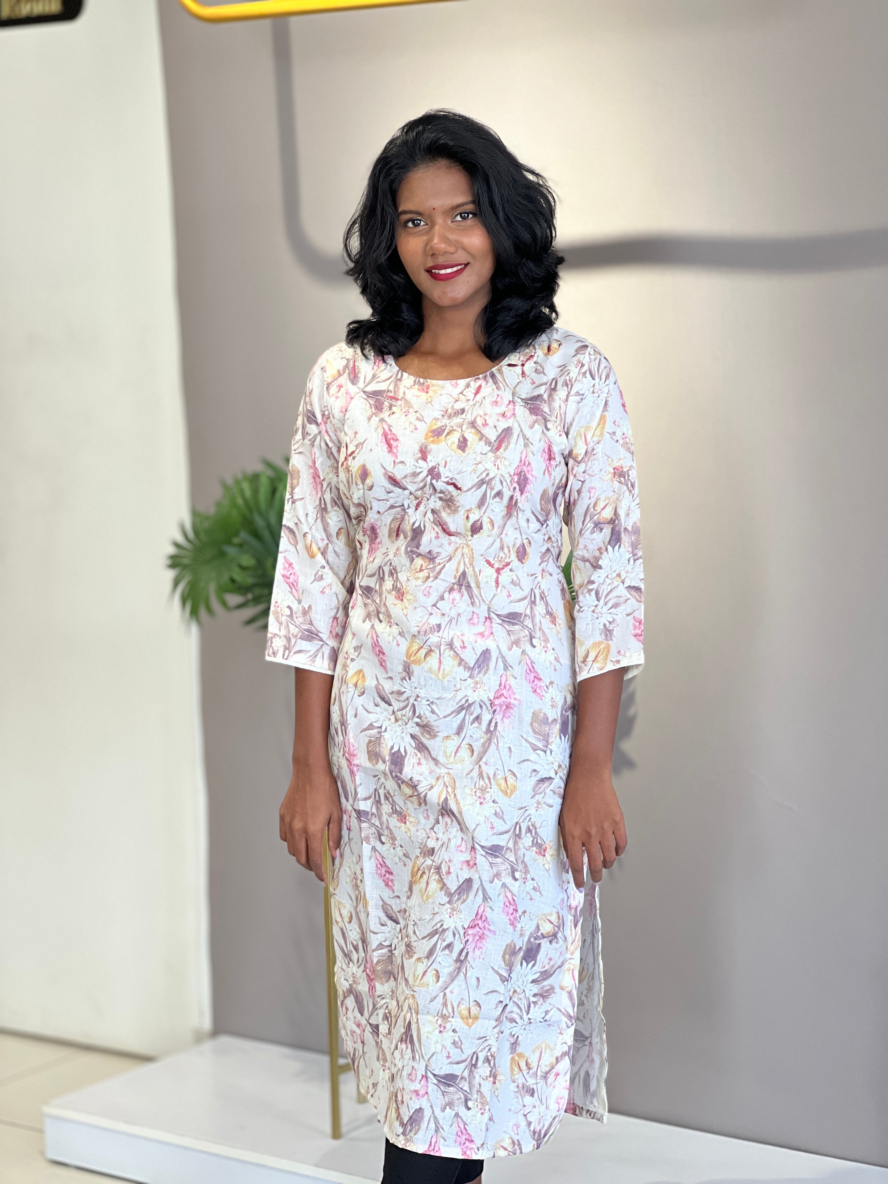 Print With Embroidery Highlighted Linen Kurta | YOC118