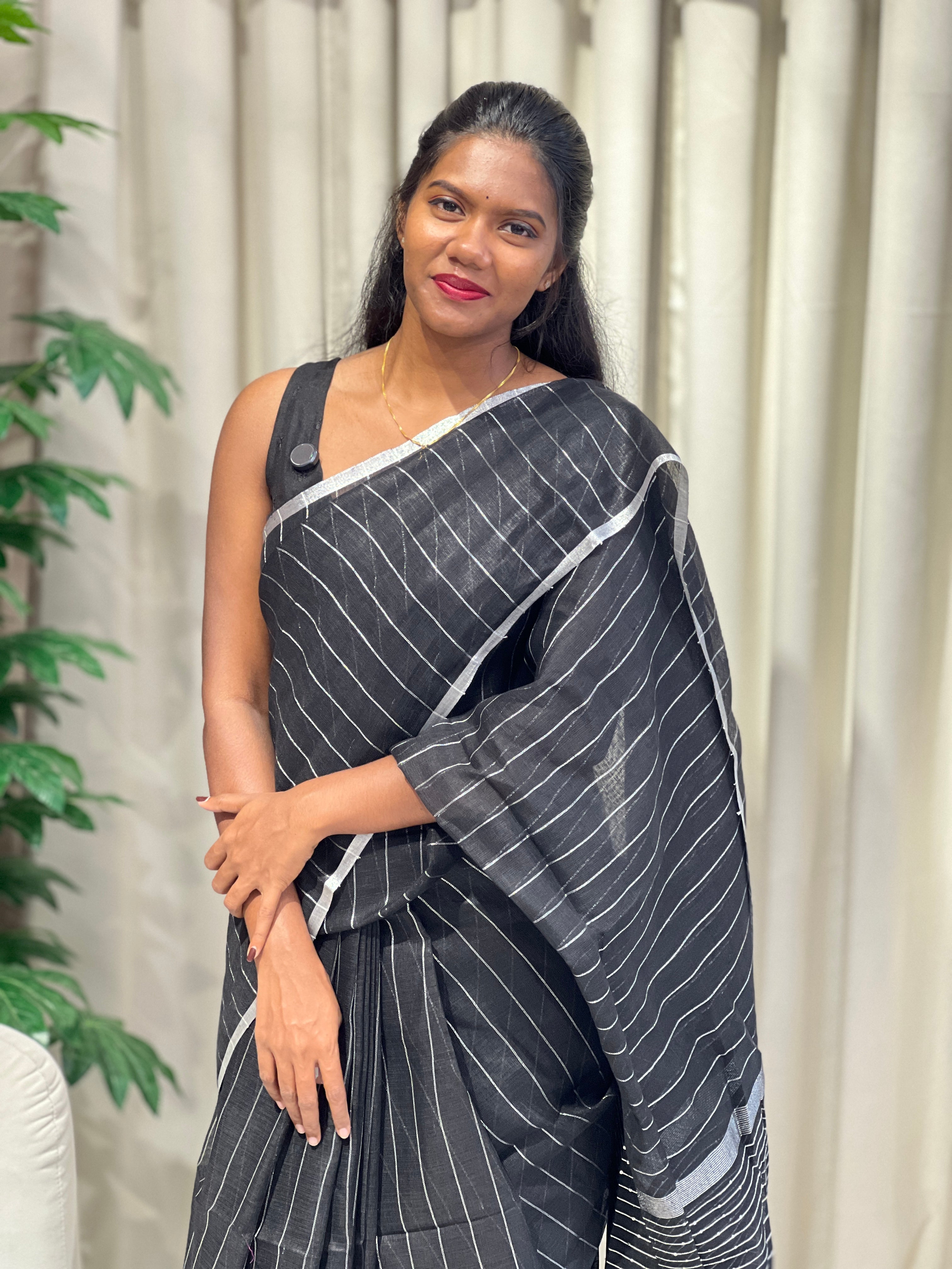 Silver Zari Woven Stripe Patterned Semi Linen Saree | EVA119