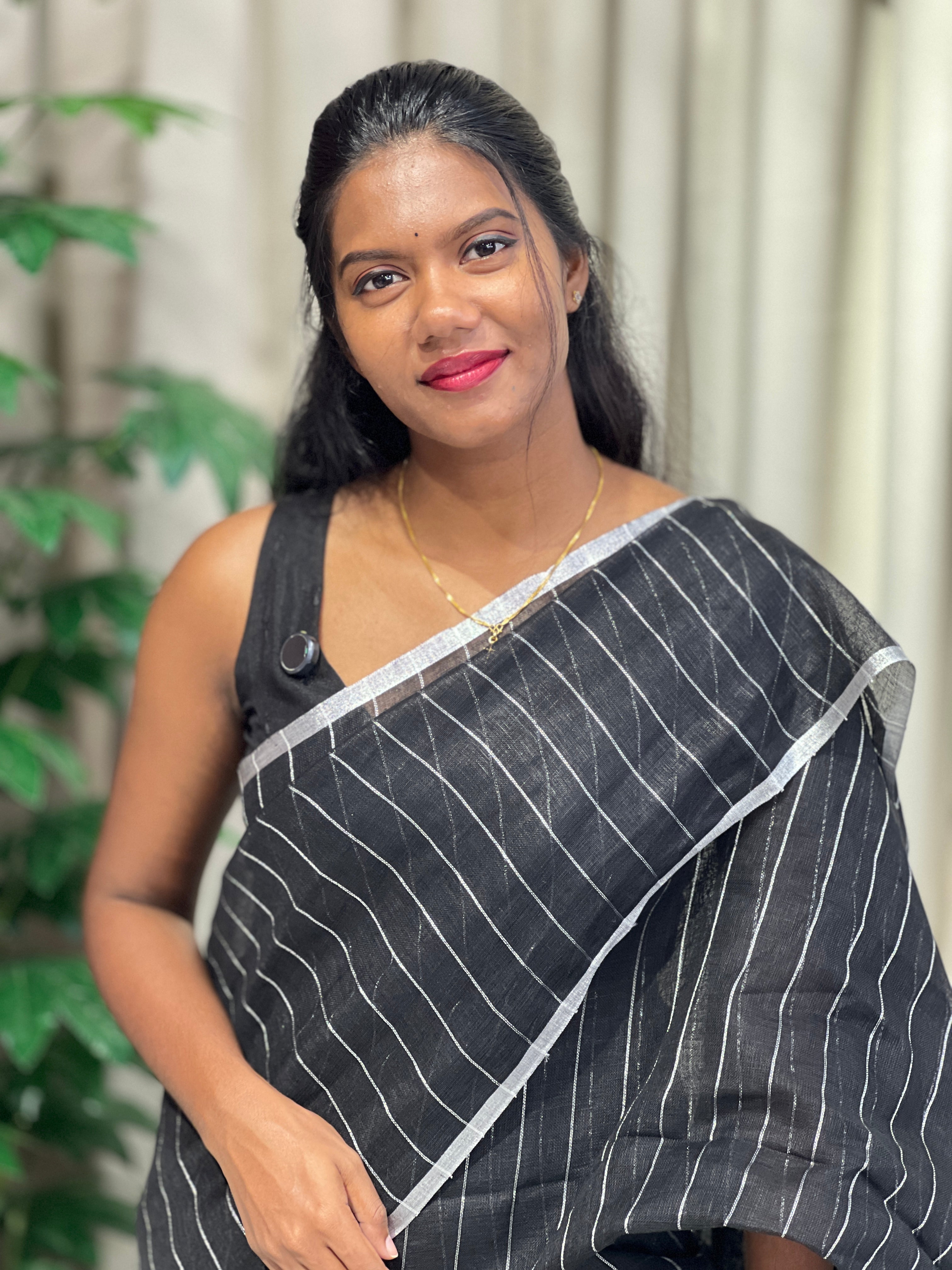 Silver Zari Woven Stripe Patterned Semi Linen Saree | EVA119