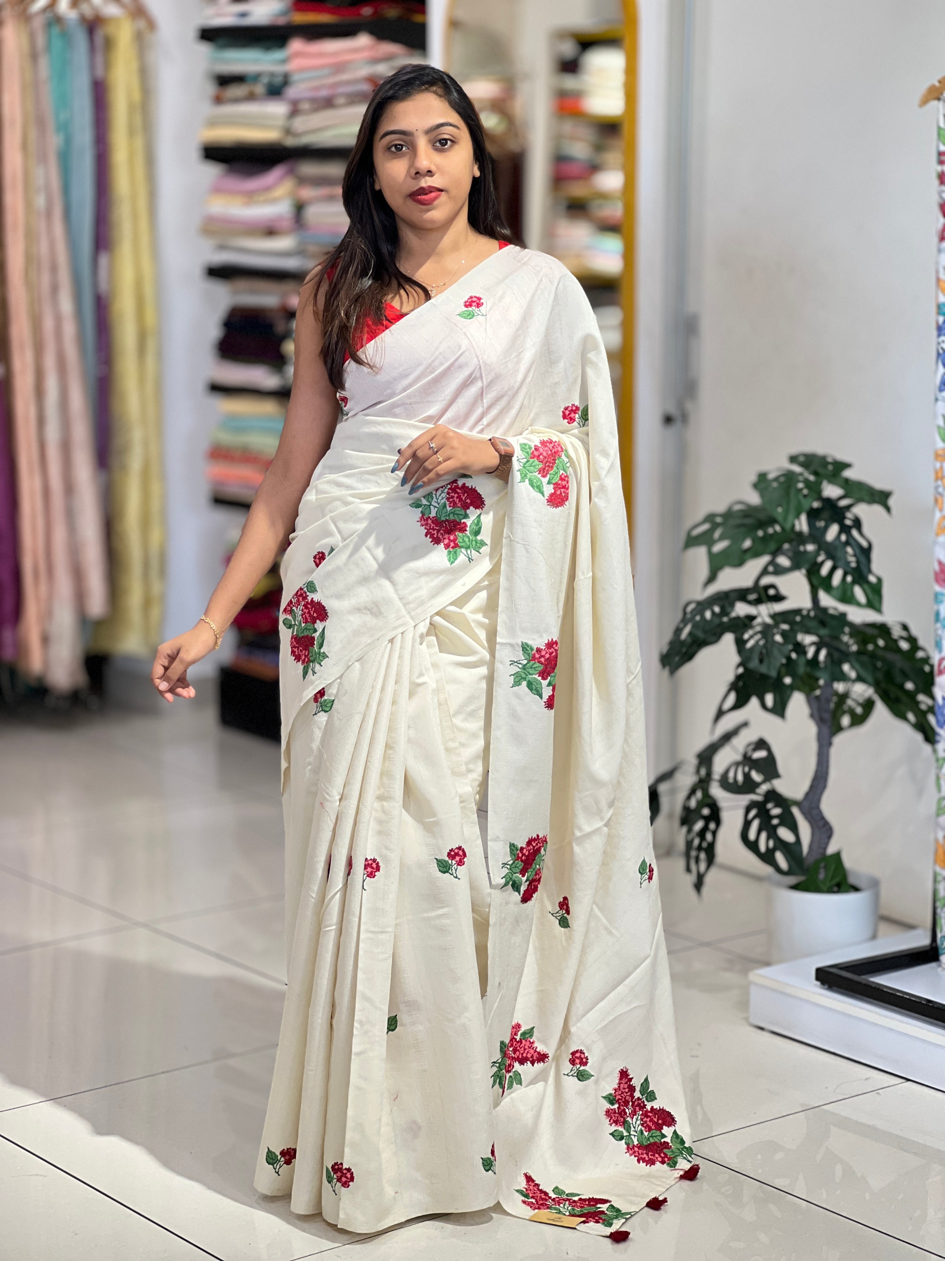 Floral Cross Stitch Embroidered Semi Tussar Saree | BLD2118
