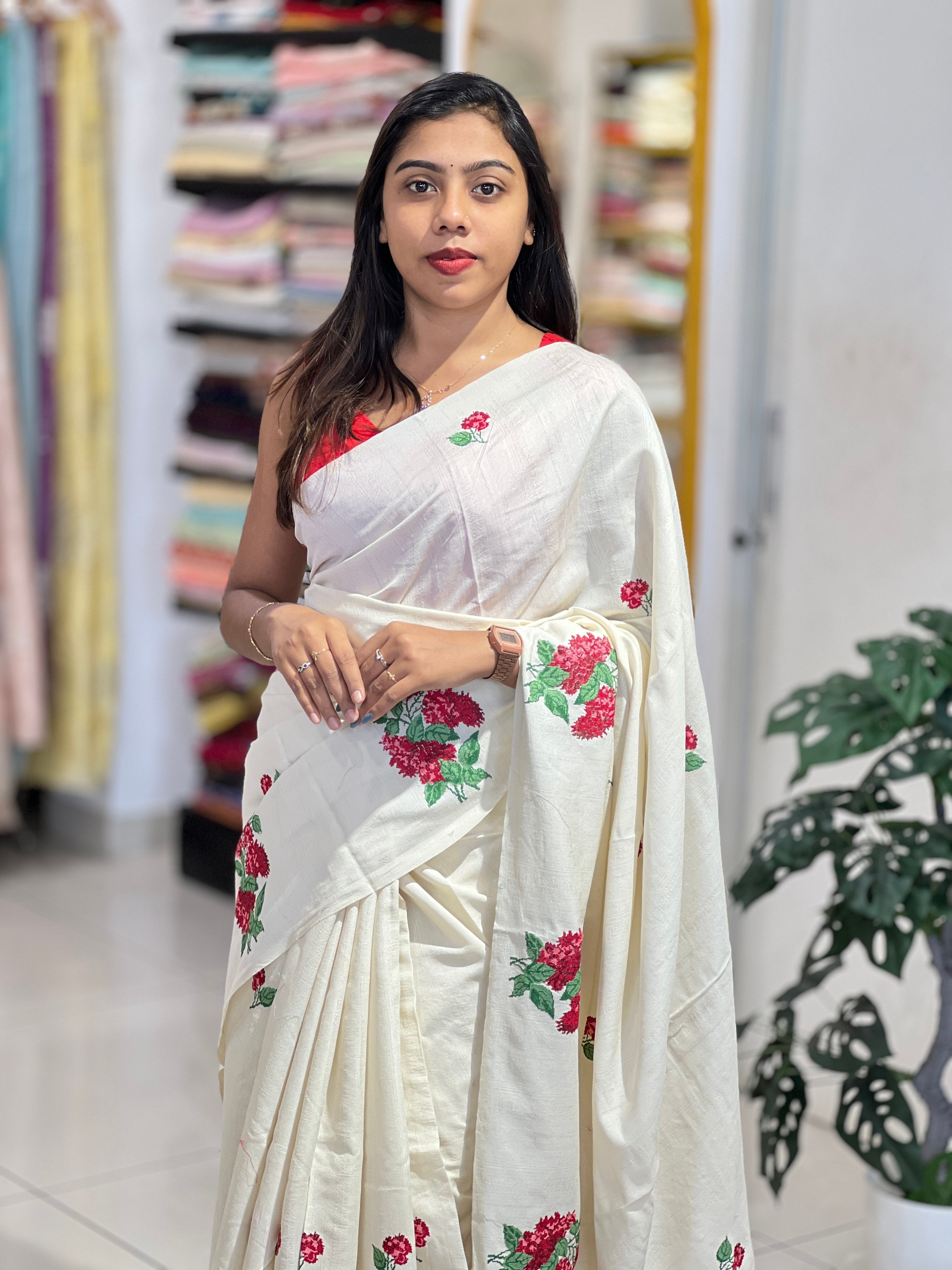 Floral Cross Stitch Embroidered Semi Tussar Saree | BLD2118