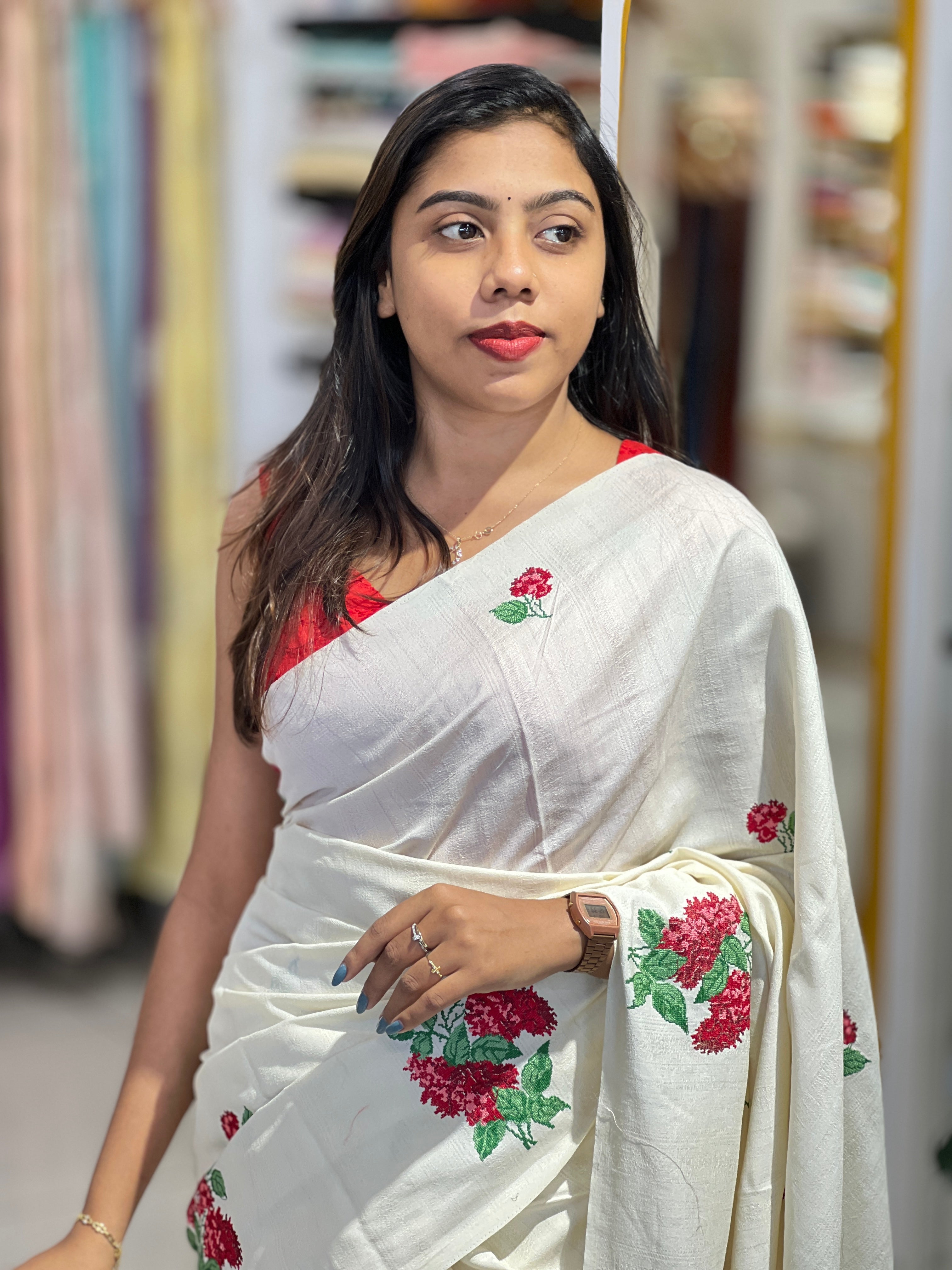 Floral Cross Stitch Embroidered Semi Tussar Saree | BLD2118