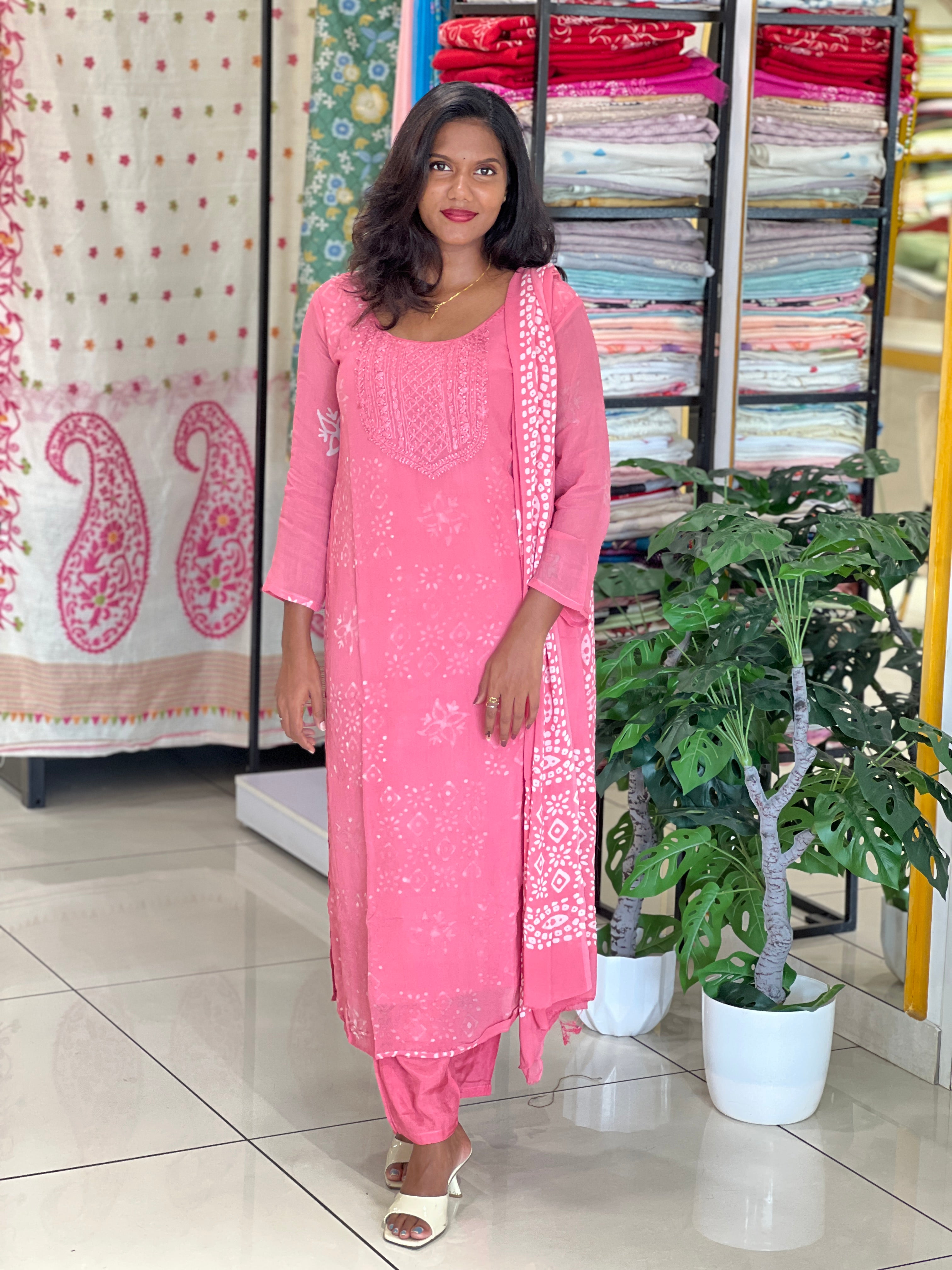 Hand Work Chikankari Batik Printed Georgette Kurta Set |SLM197