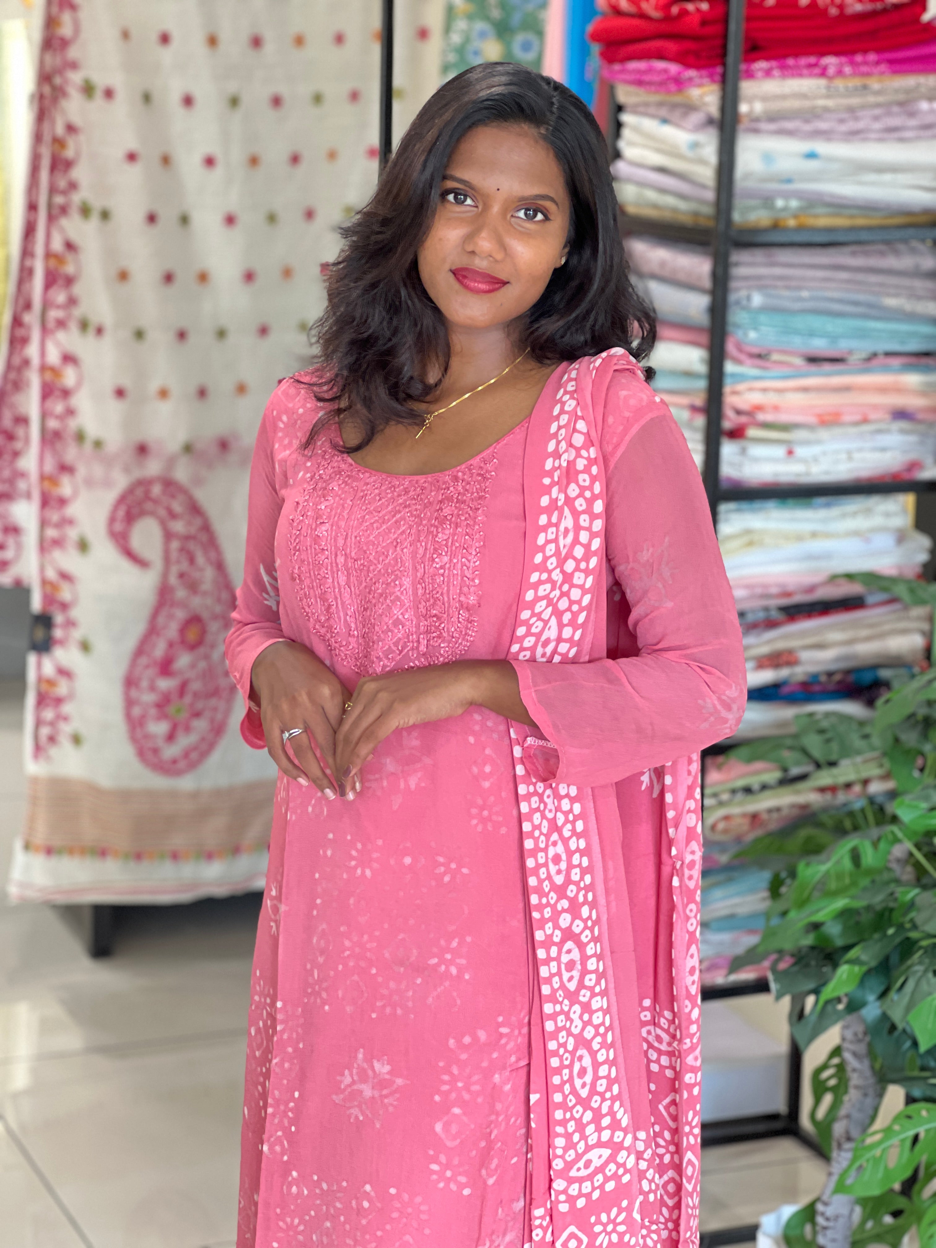 Hand Work Chikankari Batik Printed Georgette Kurta Set |SLM197