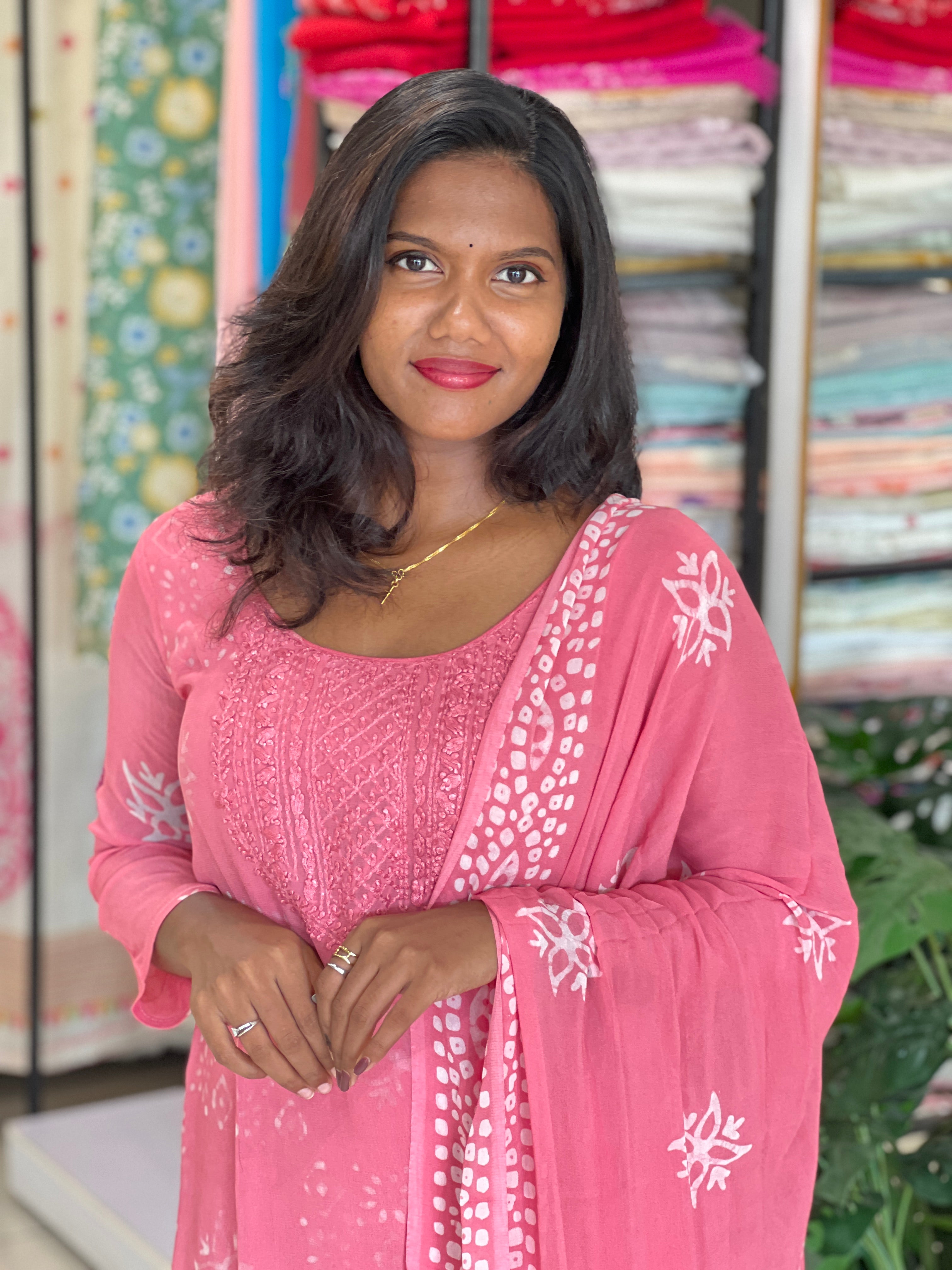 Hand Work Chikankari Batik Printed Georgette Kurta Set |SLM197