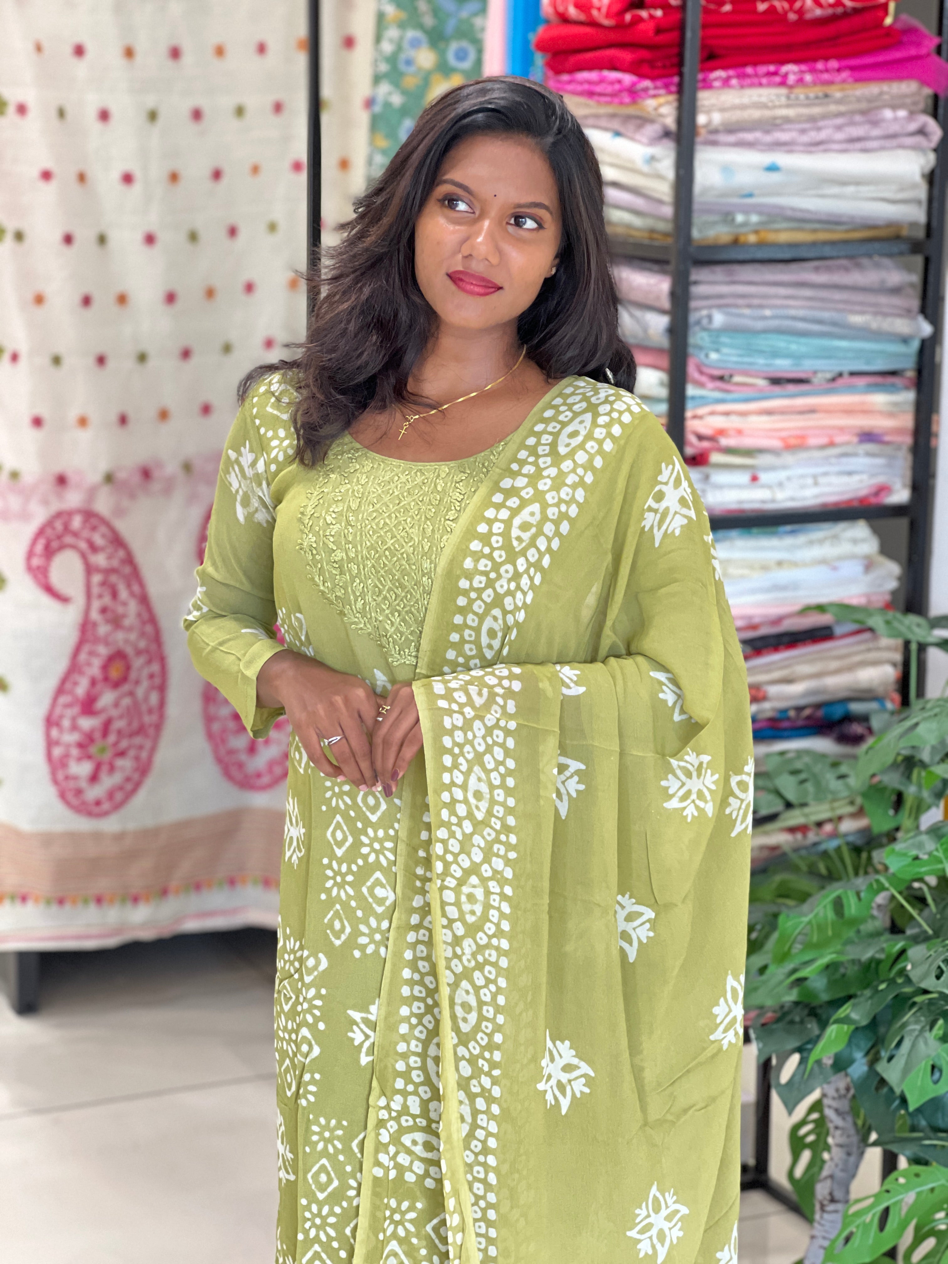 Hand Work Chikankari Batik Printed Georgette Kurta Set | SLM199