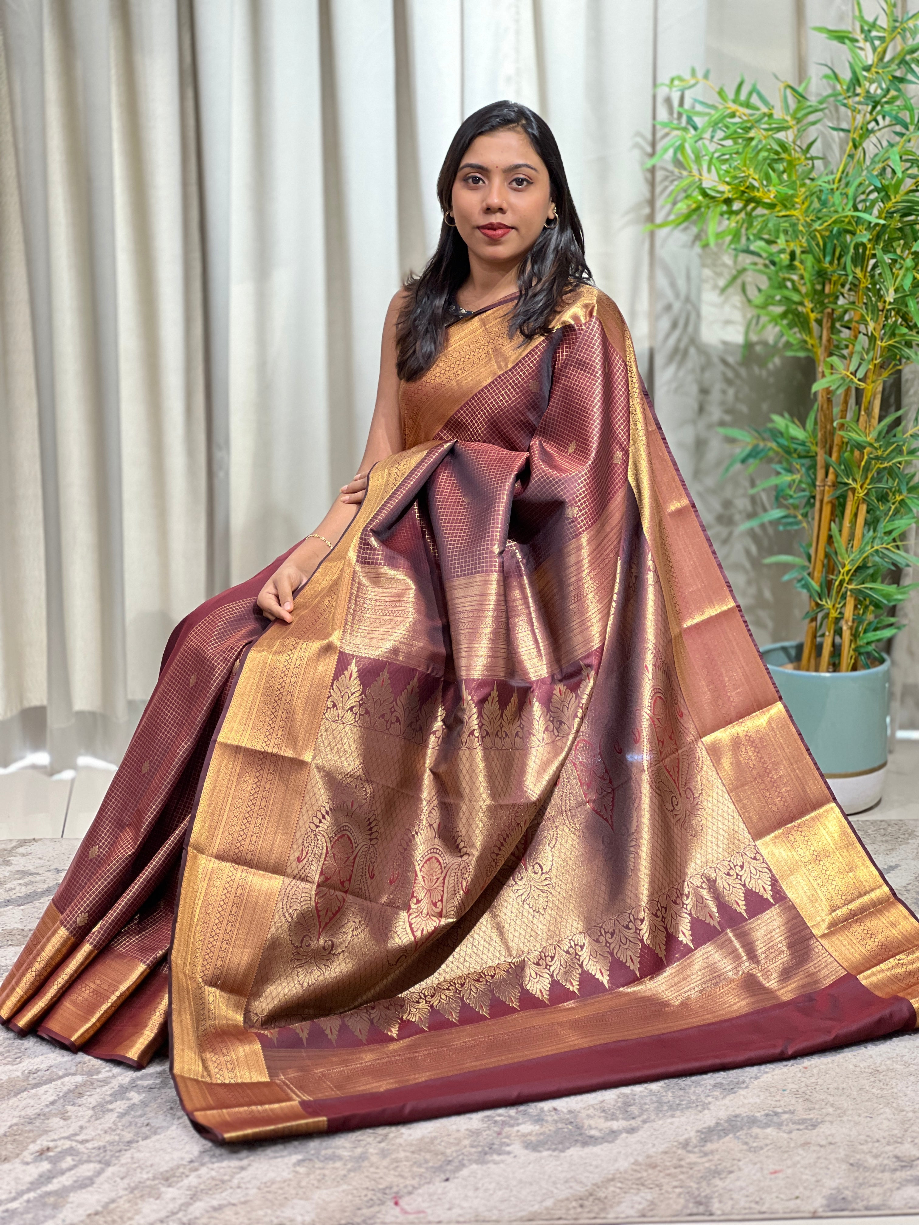 Check Patterned Buta Woven Soft Silk Saree | RVS331