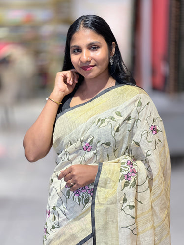 Machine Embroidery Patterned Linen Saree | NHH542