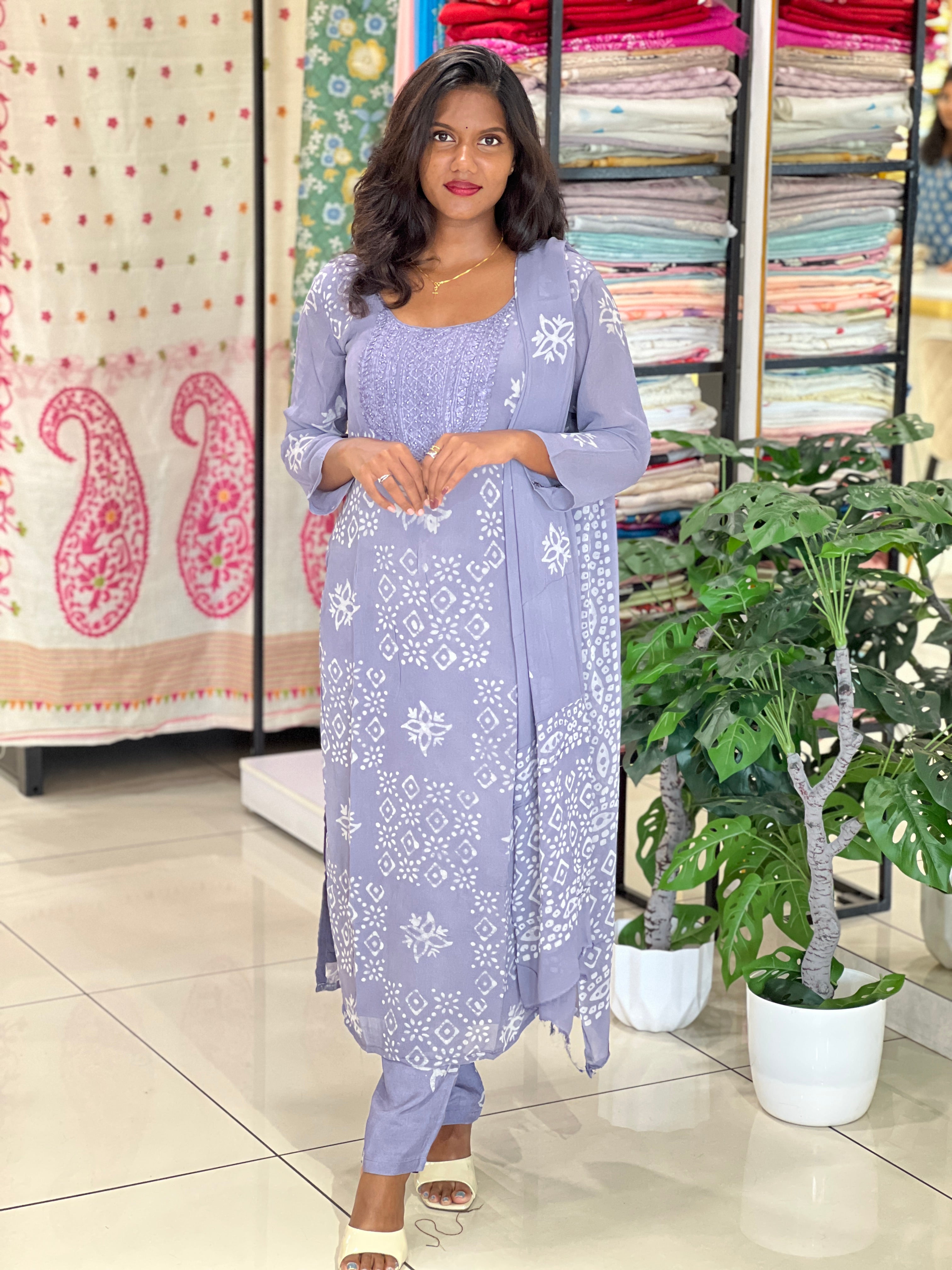 Hand Work Chikankari Batik Printed Georgette Kurta Set |SLM198