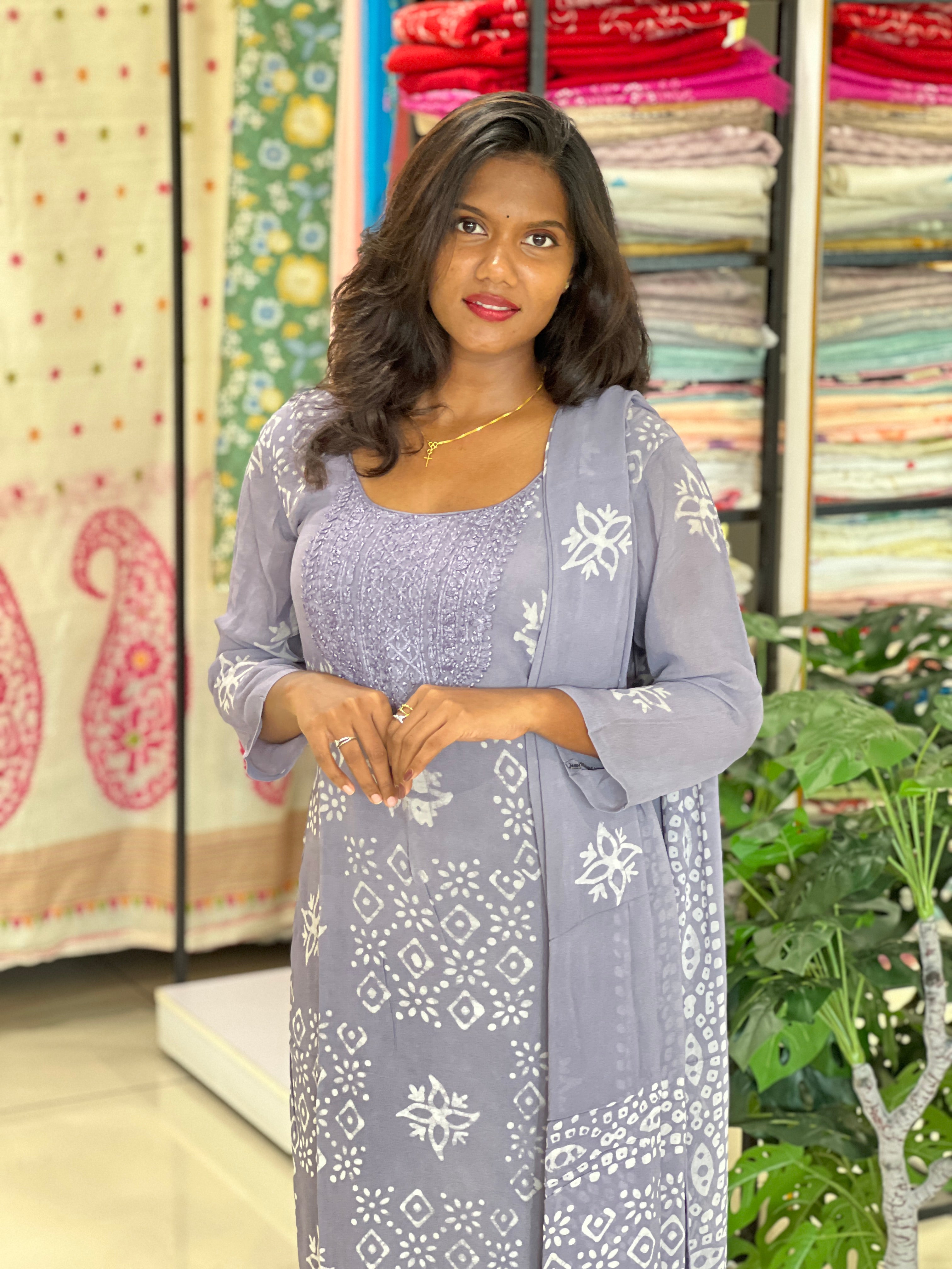 Hand Work Chikankari Batik Printed Georgette Kurta Set |SLM198