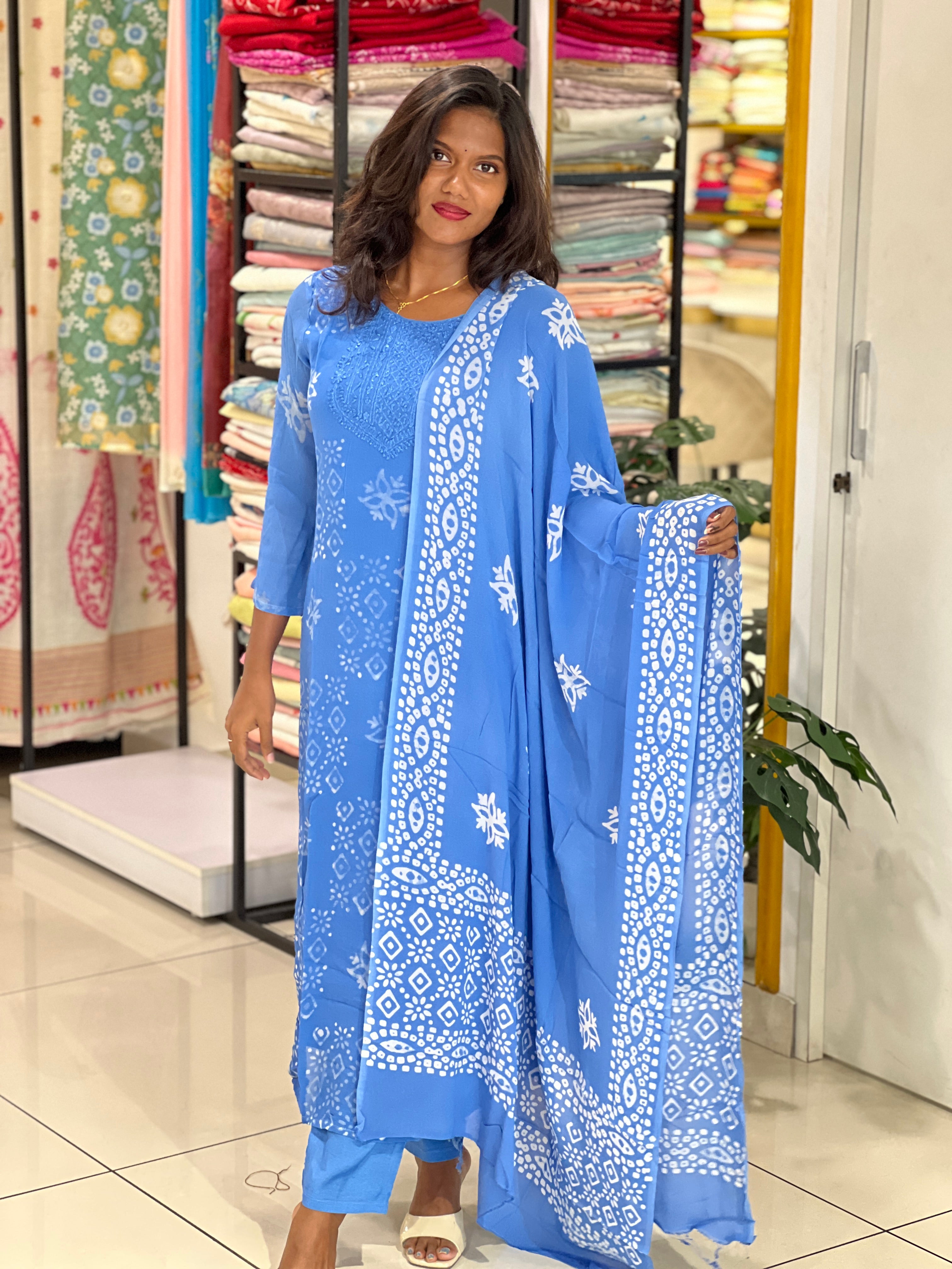 Hand Work Chikankari Batik Printed Georgette Kurta Set |SLM196