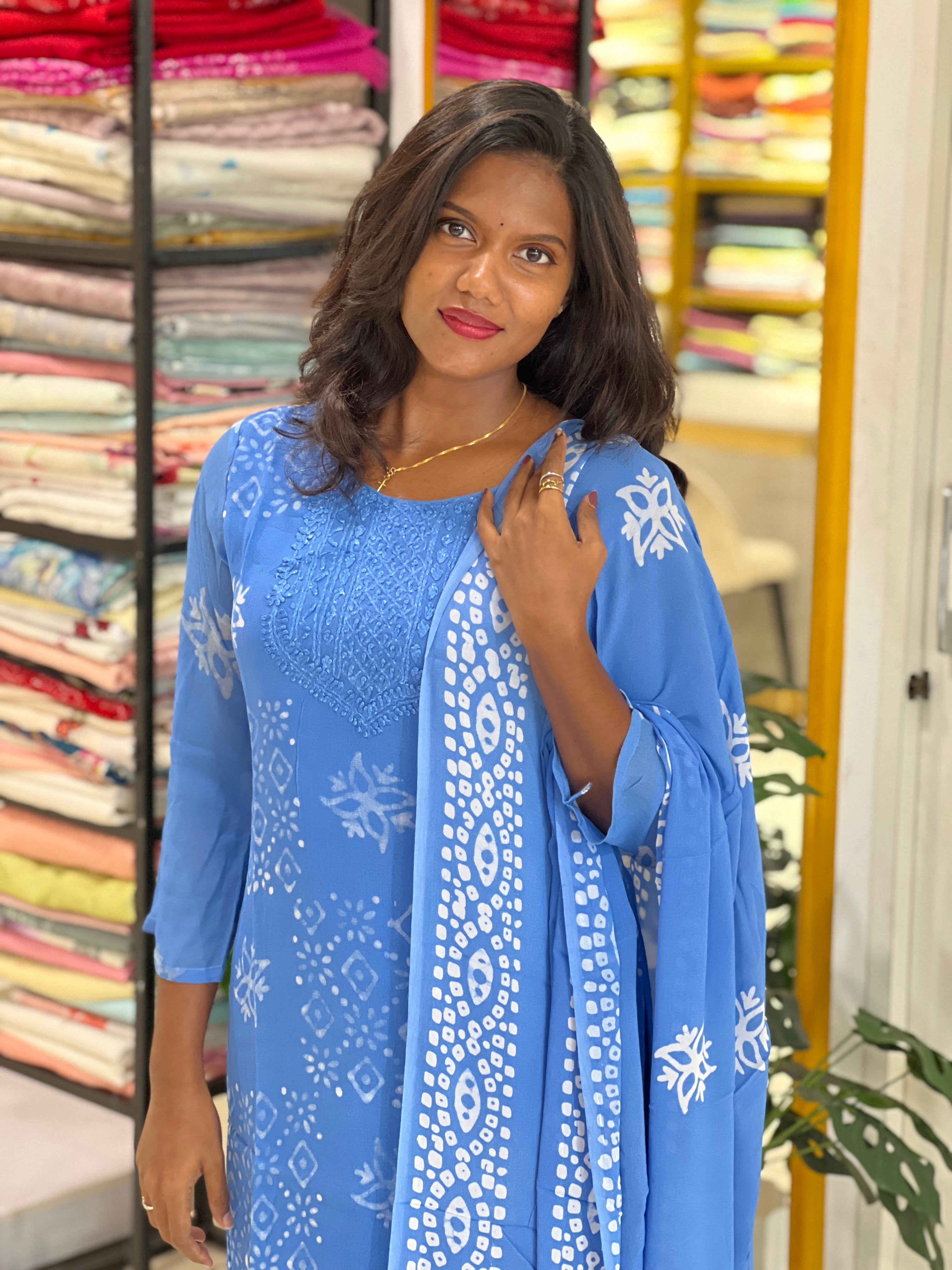Hand Work Chikankari Batik Printed Georgette Kurta Set |SLM196