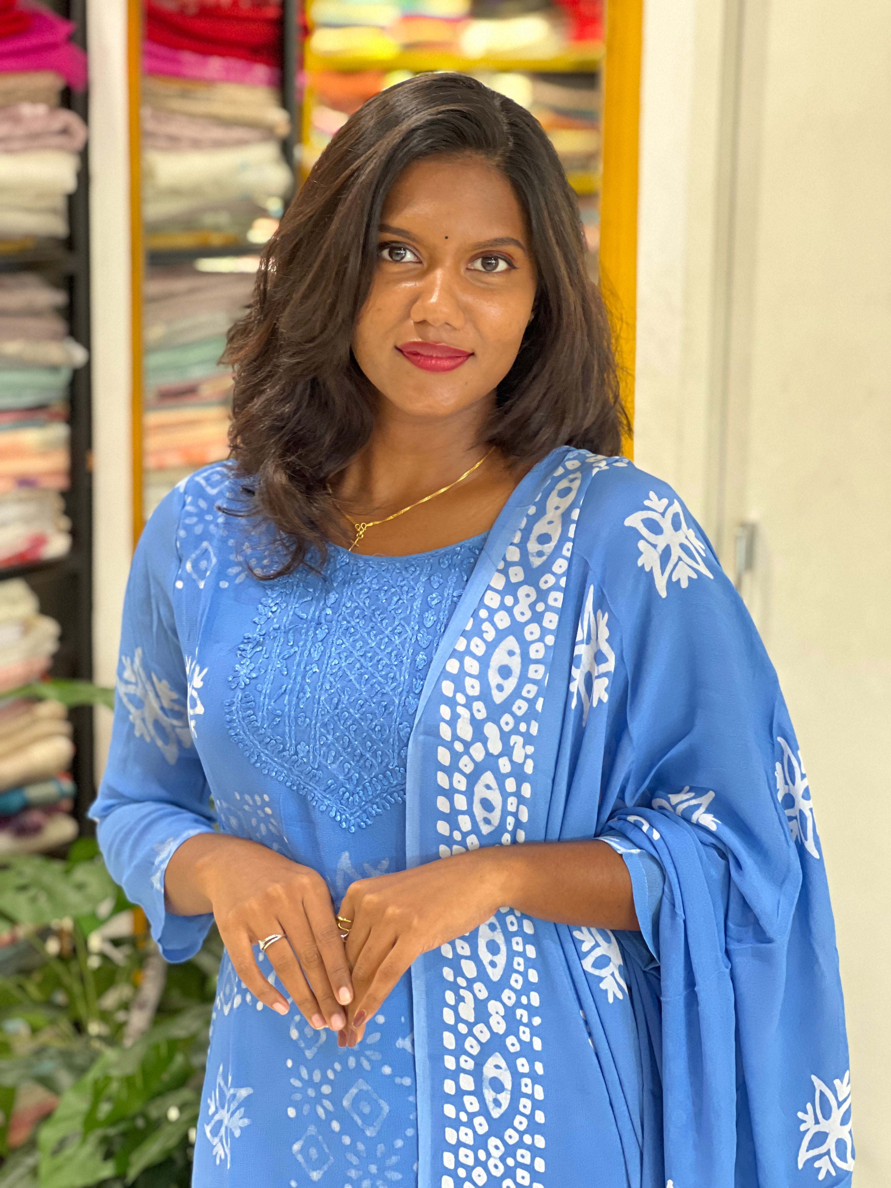 Hand Work Chikankari Batik Printed Georgette Kurta Set |SLM196
