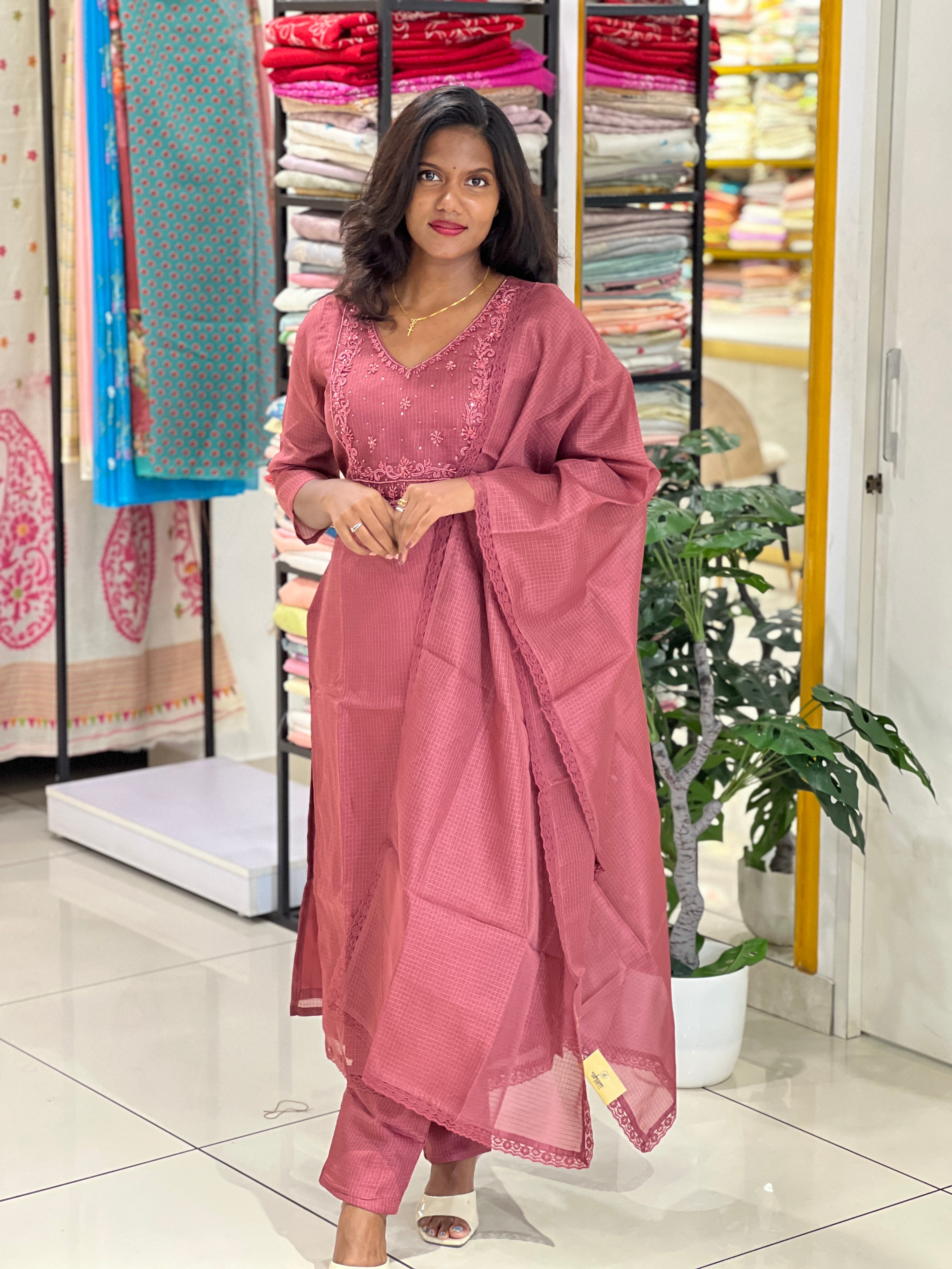 Hand Work Embroidered Silky Kota Kurta Set |SLM193