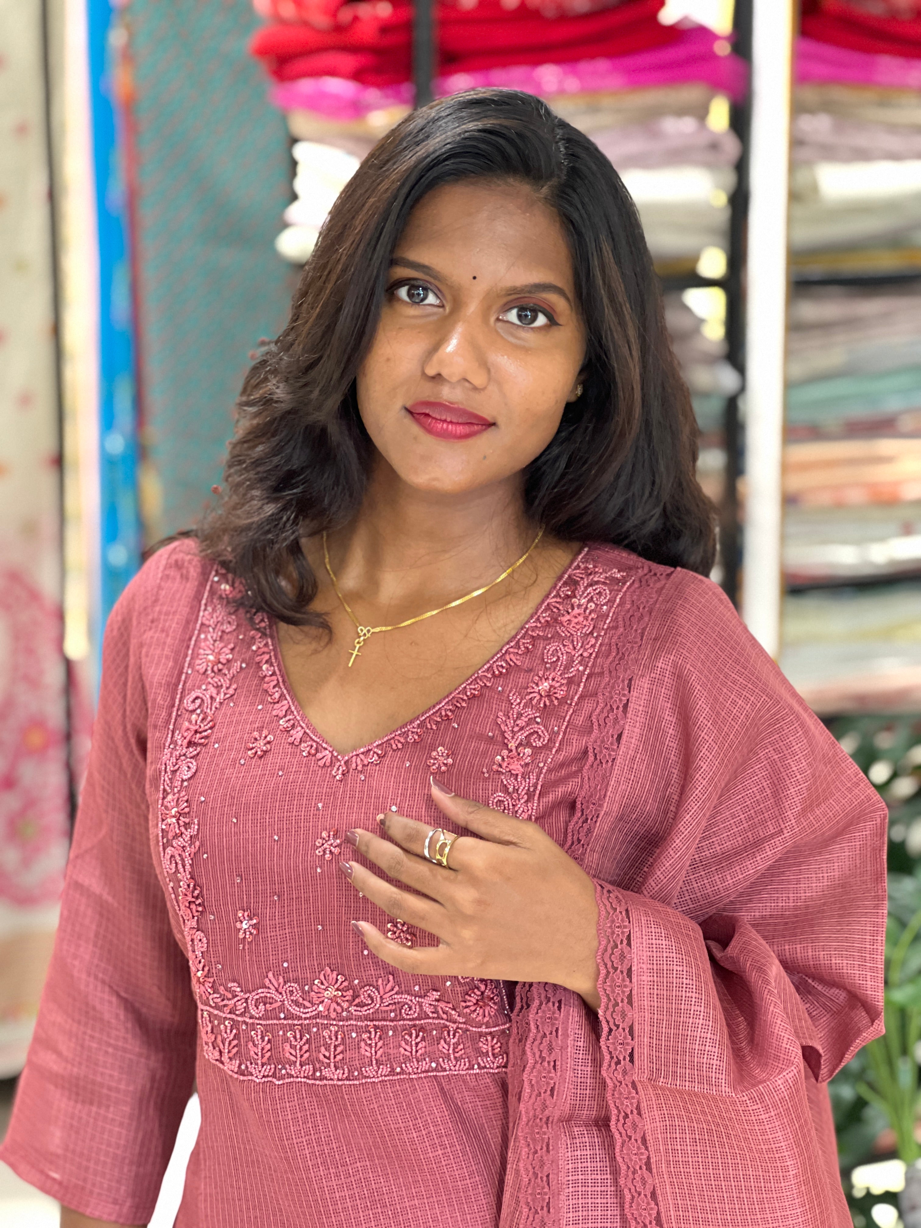 Hand Work Embroidered Silky Kota Kurta Set |SLM193