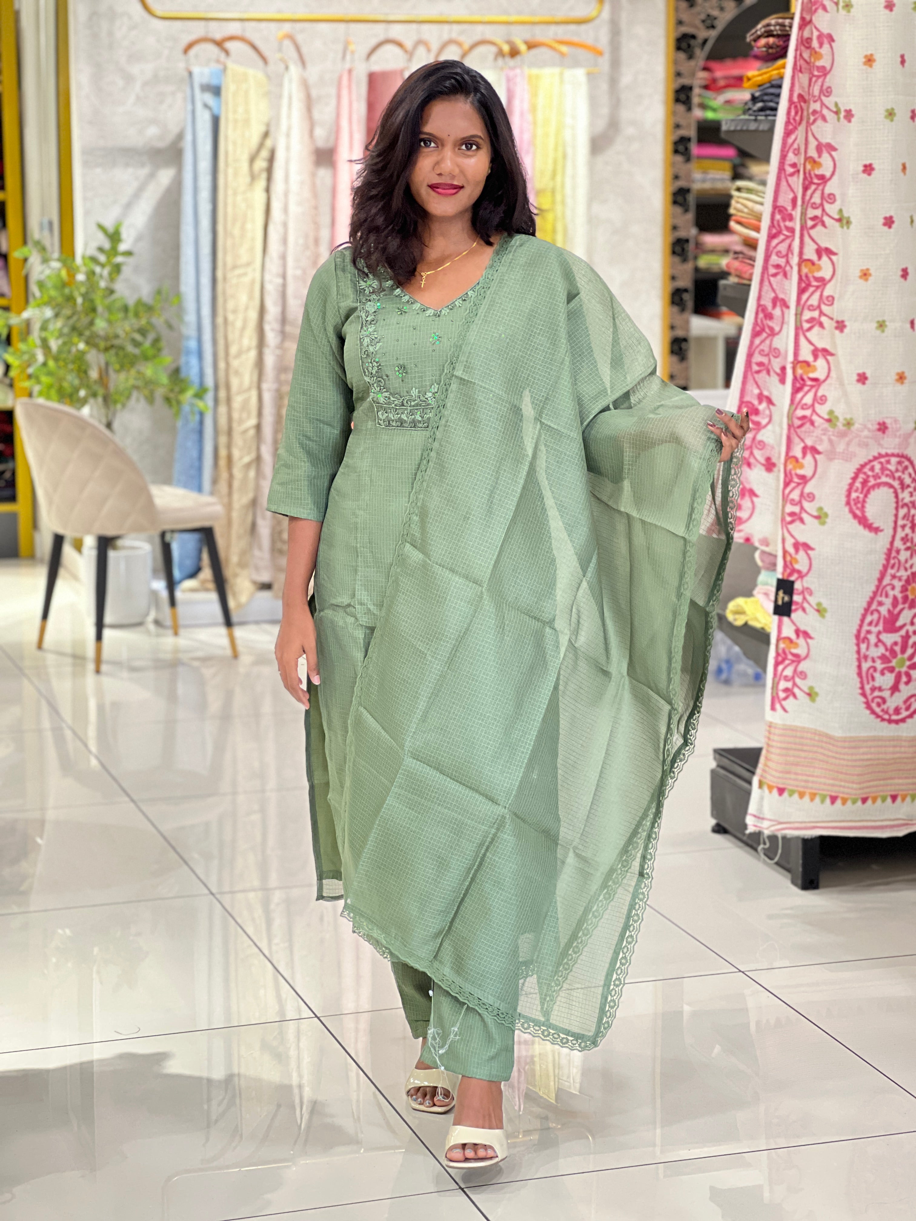 Hand Work Embroidered Silky Kota Kurta Set |SLM194
