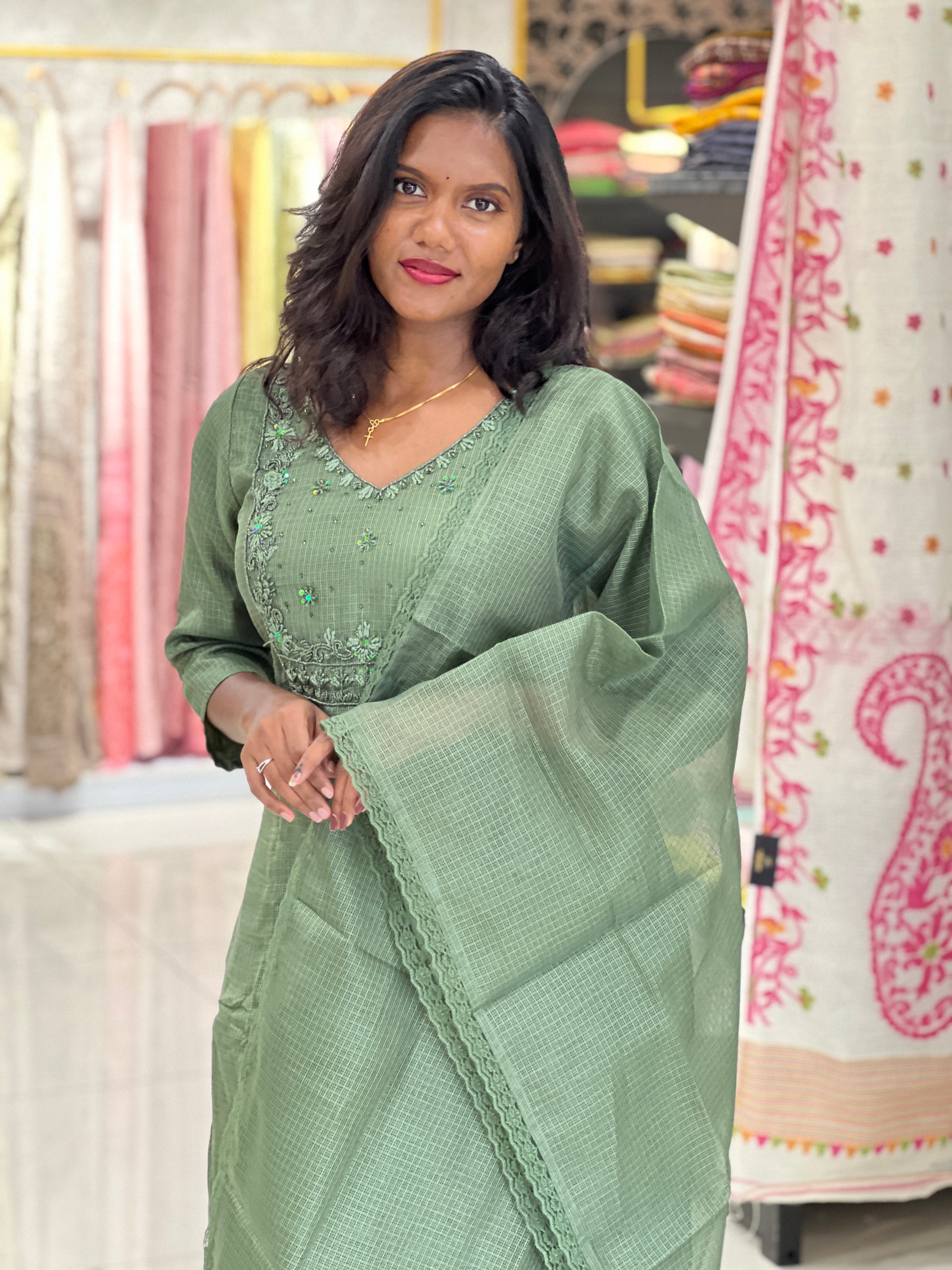 Hand Work Embroidered Silky Kota Kurta Set |SLM194