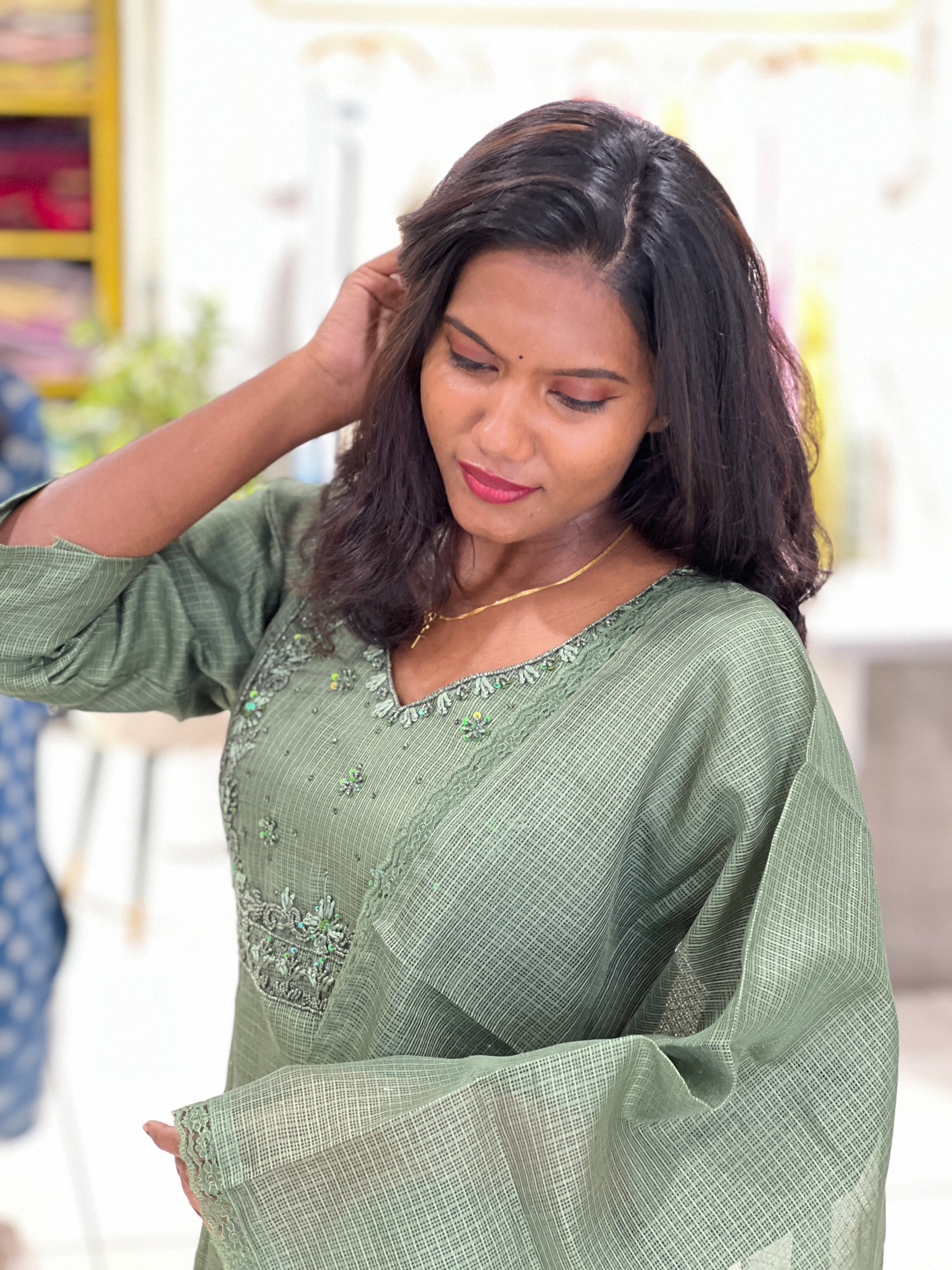 Hand Work Embroidered Silky Kota Kurta Set |SLM194